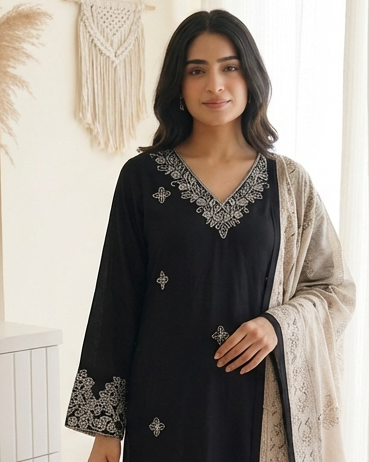Black Embroidered Muslin 3-Piece Set - {2023}