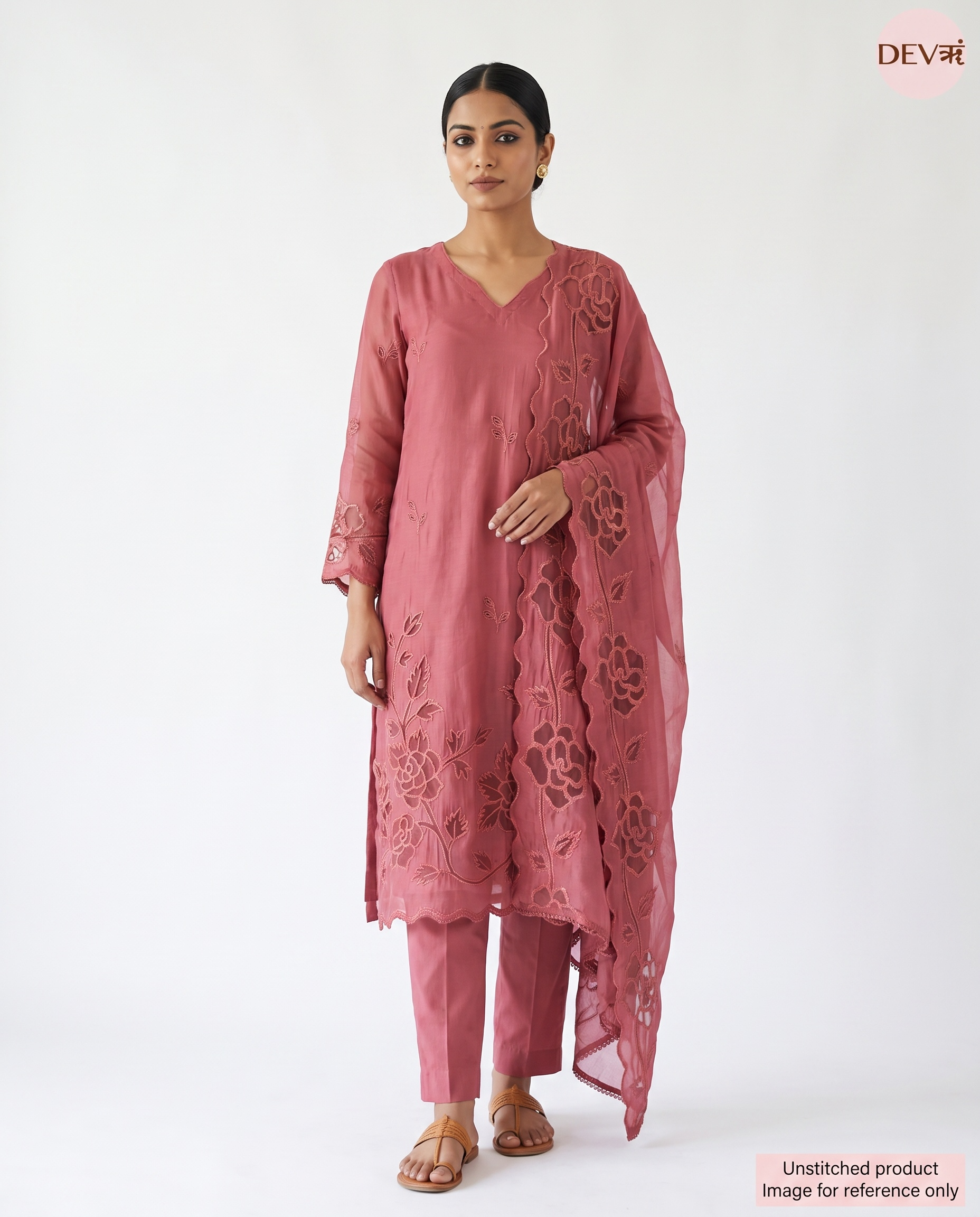 Pink Mul Chanderi Embroidered Unstitched 3-Piece Suit (Devri – D.No 13437)