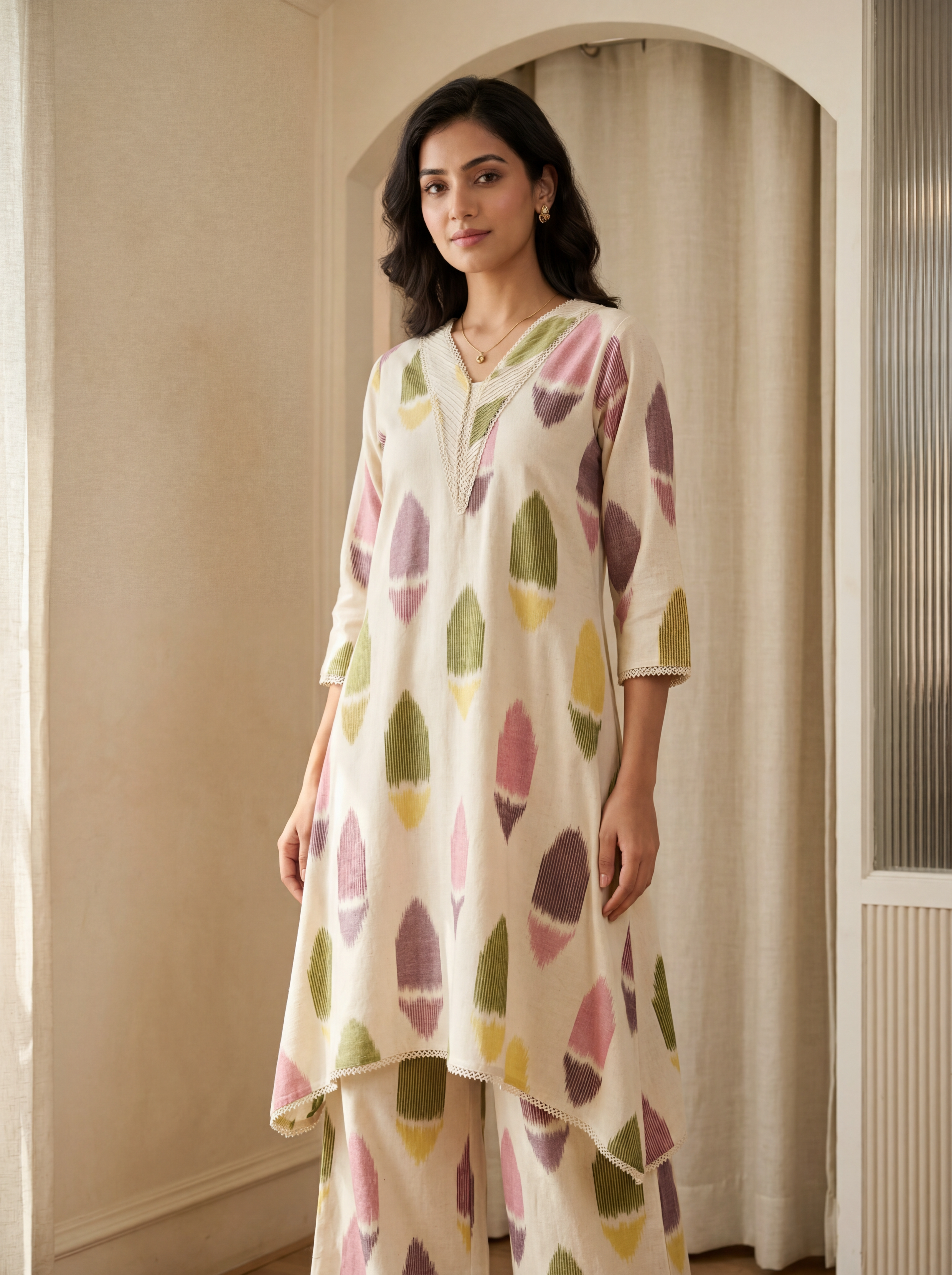 Ira Cotton Ikat Print Cream & Sage 2-Piece Set (Devri – D.No 20084)