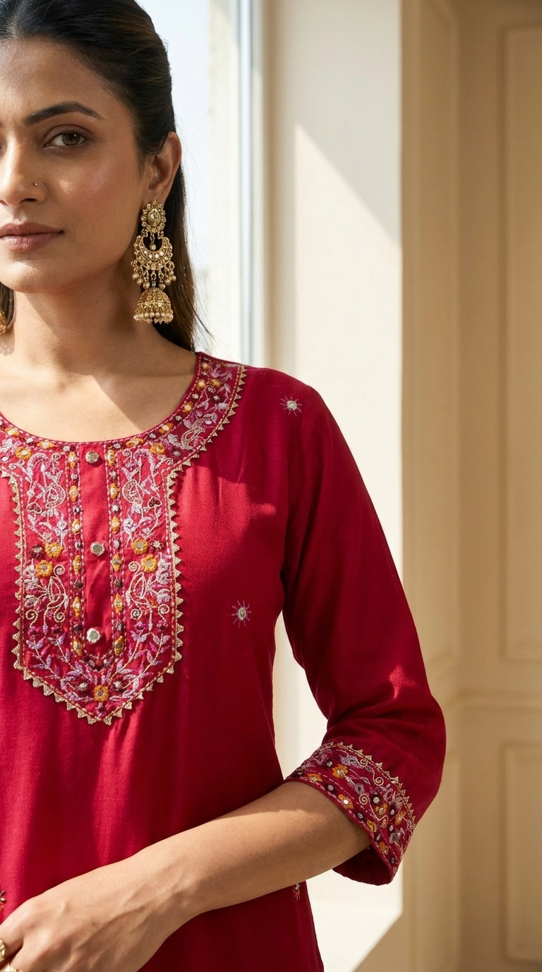 Gulnaar Reyon Embroidered Red 3-Piece Set (Devri – D.No 21157)