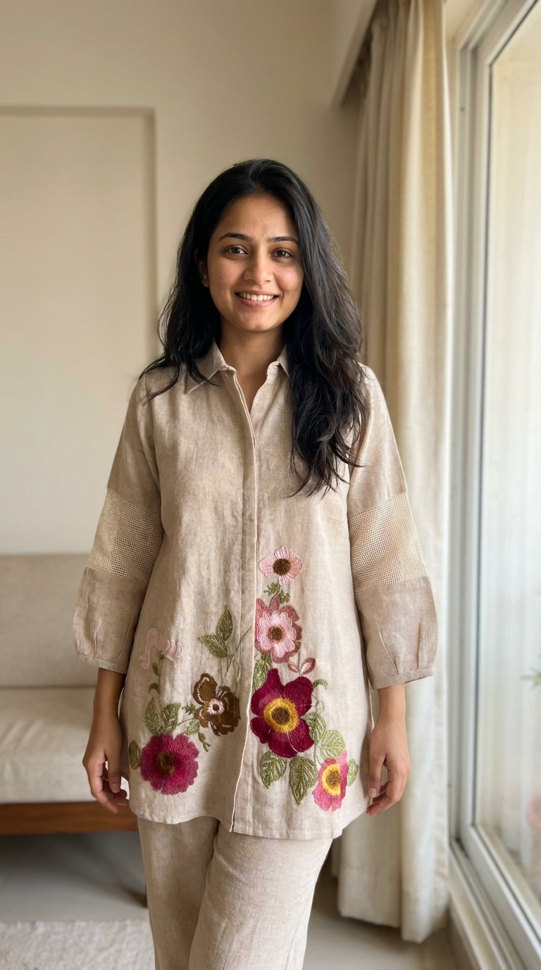 Gulnaar Khadi Cotton Embroidered Beige 2-Piece Set (Devri – D.No 21056)