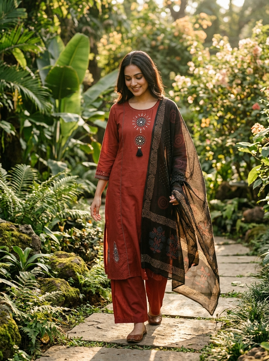 Ishani Cotton Embroidered Maroon 3-Piece Set (Devri – D.No 21006)