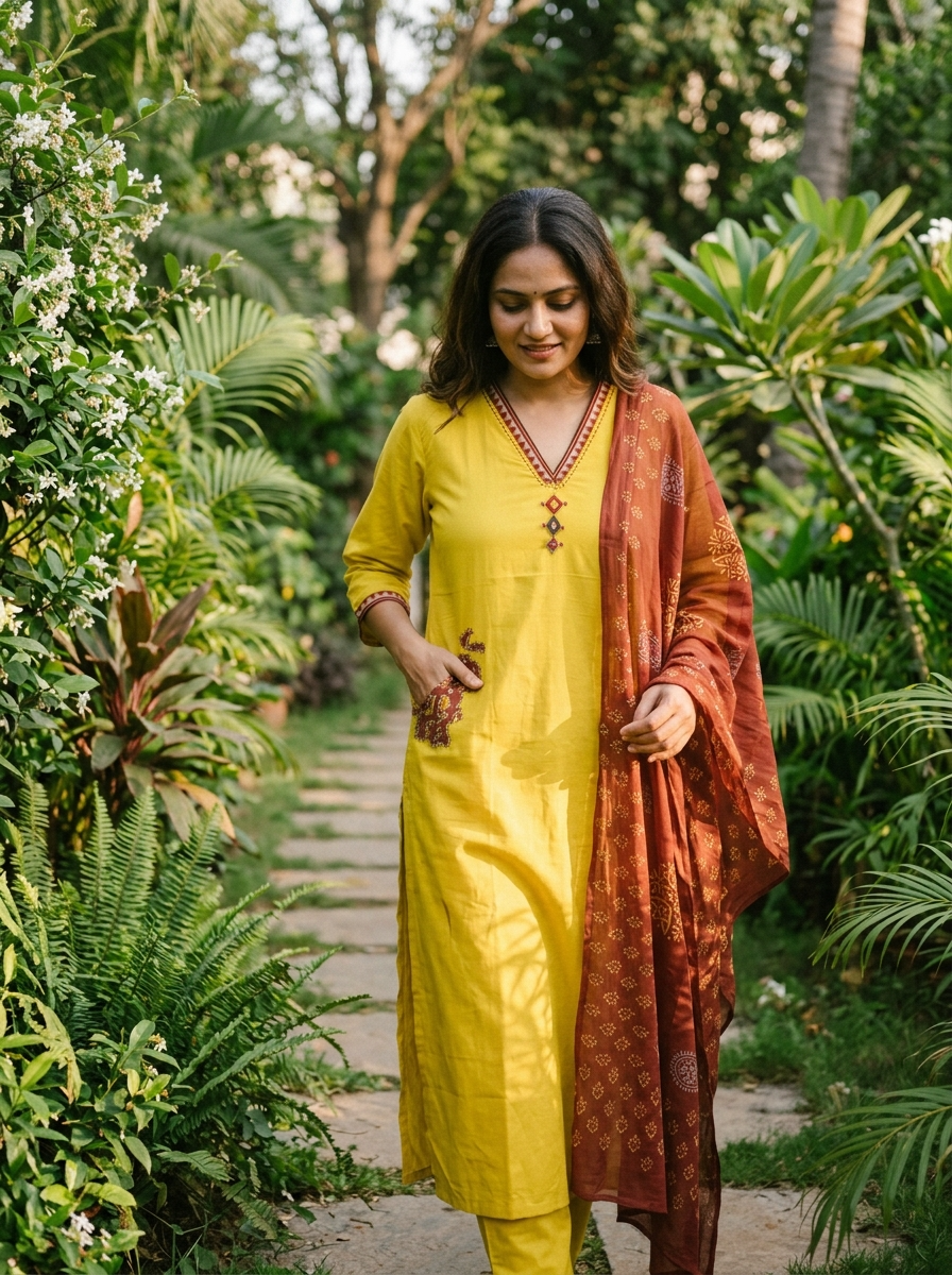 Jivika Cotton Printed Mustard 3-Piece Set (Devri – D.No 21005)