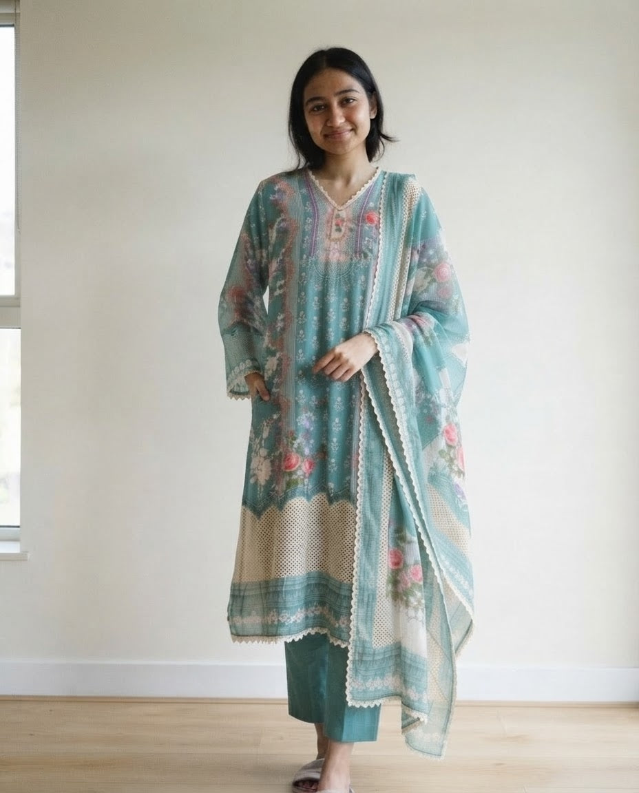Green Muslin Printed Semi Stitched Hand Embroidered -Set Of 3