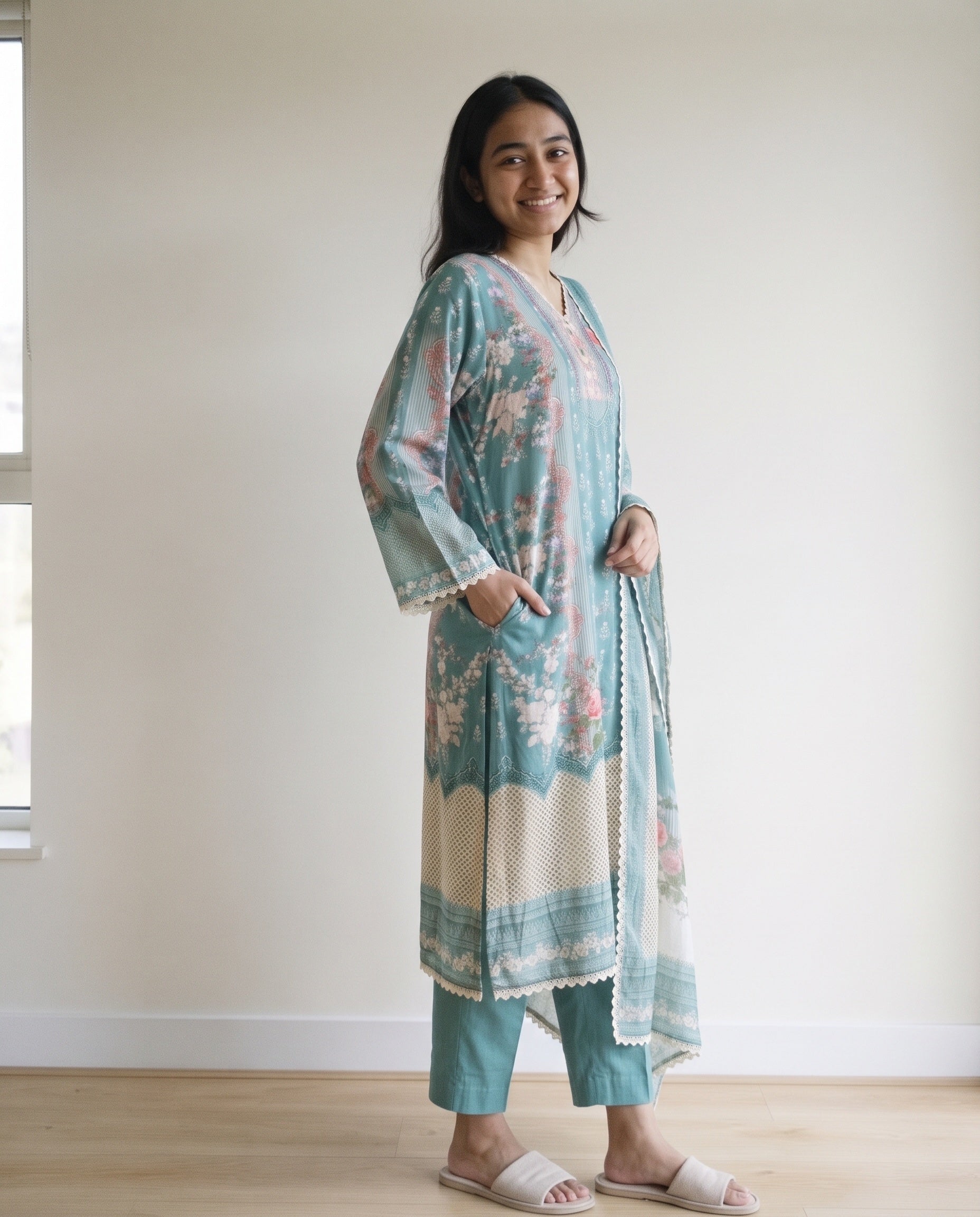 Green Muslin Printed Semi Stitched Hand Embroidered -Set Of 3