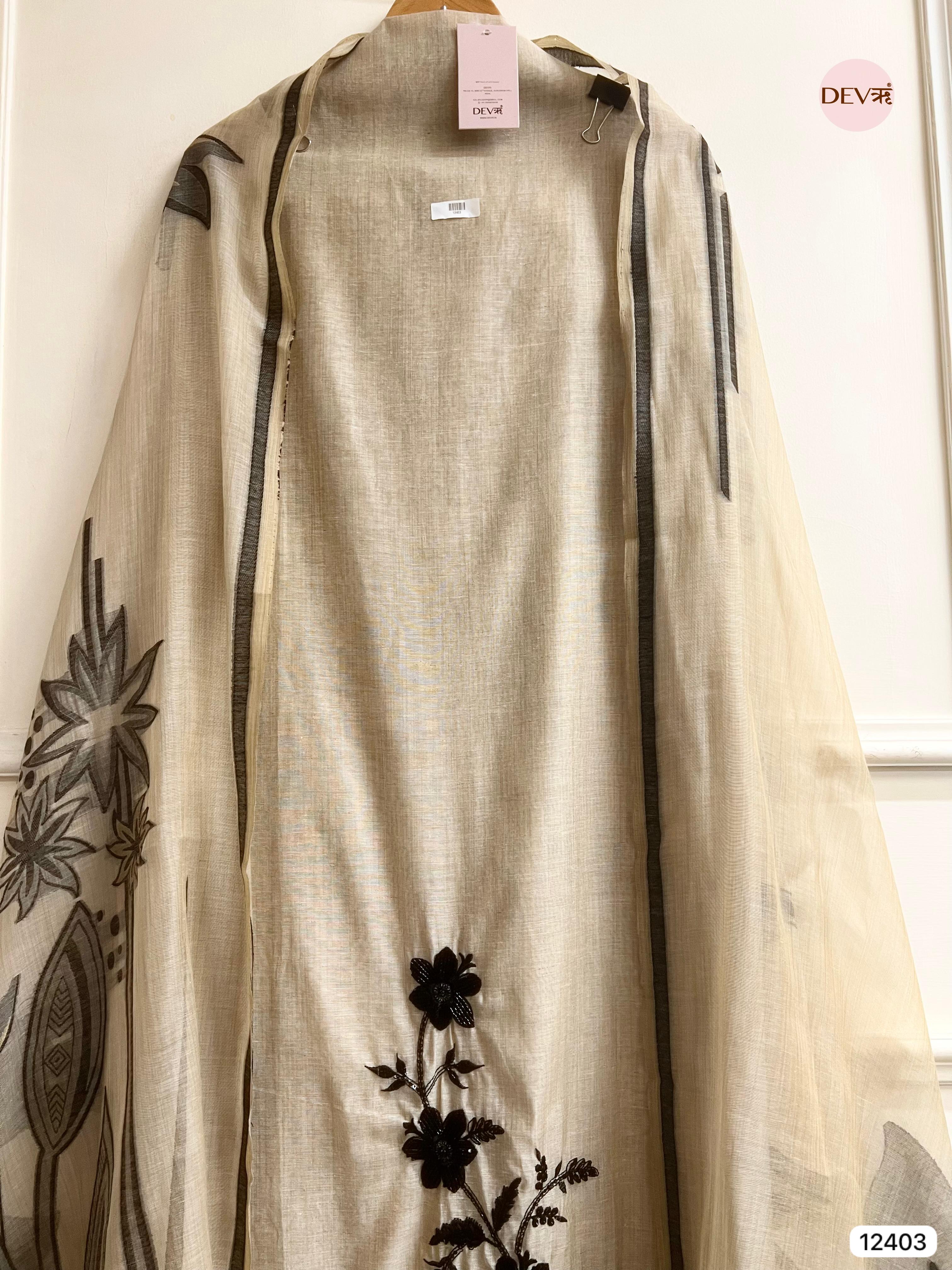 Beige Mul Chanderi Embroidered Unstitched 3-Piece Suit (Devri – D.No 12403)