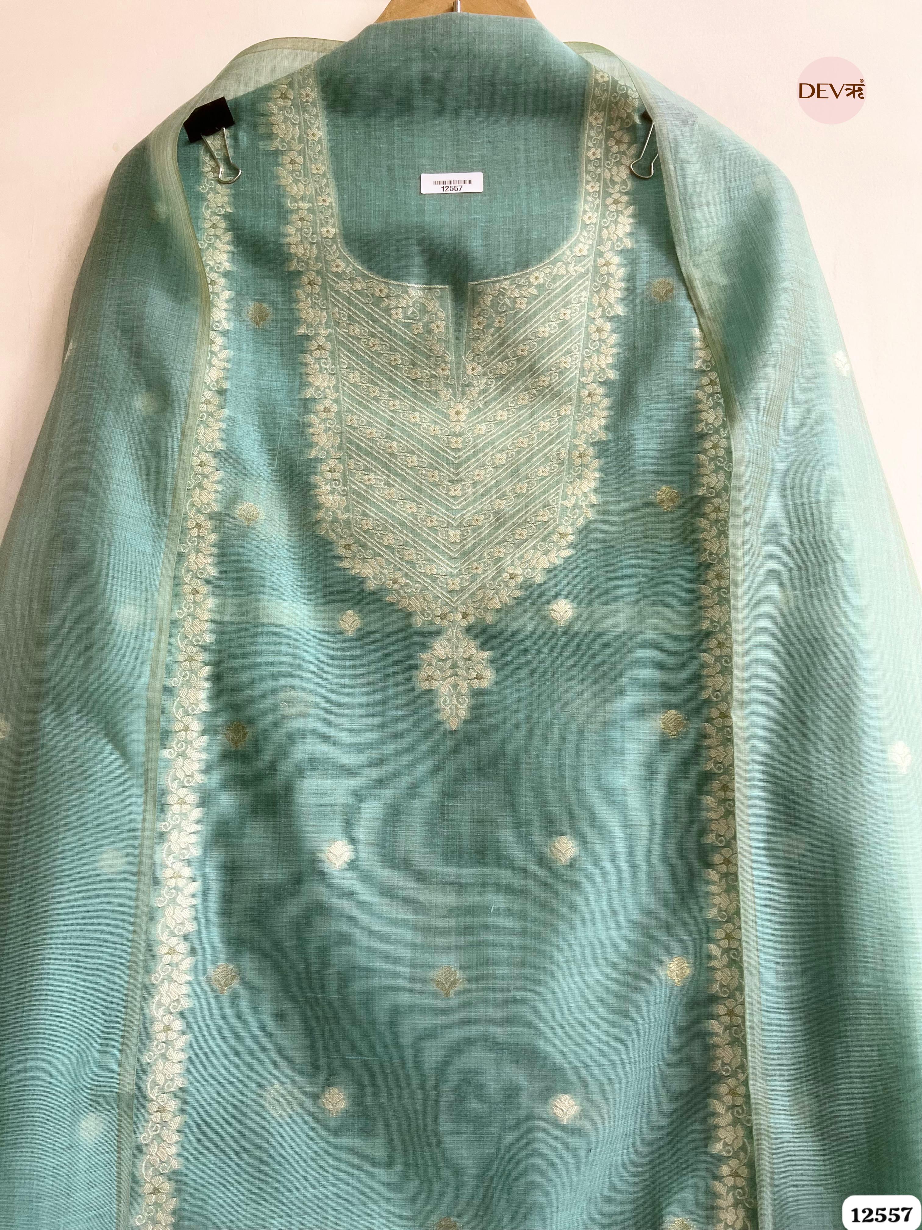Sea Green Jamdani Embroidered Unstitched 3-Piece Suit (Devri – D.No 12557)