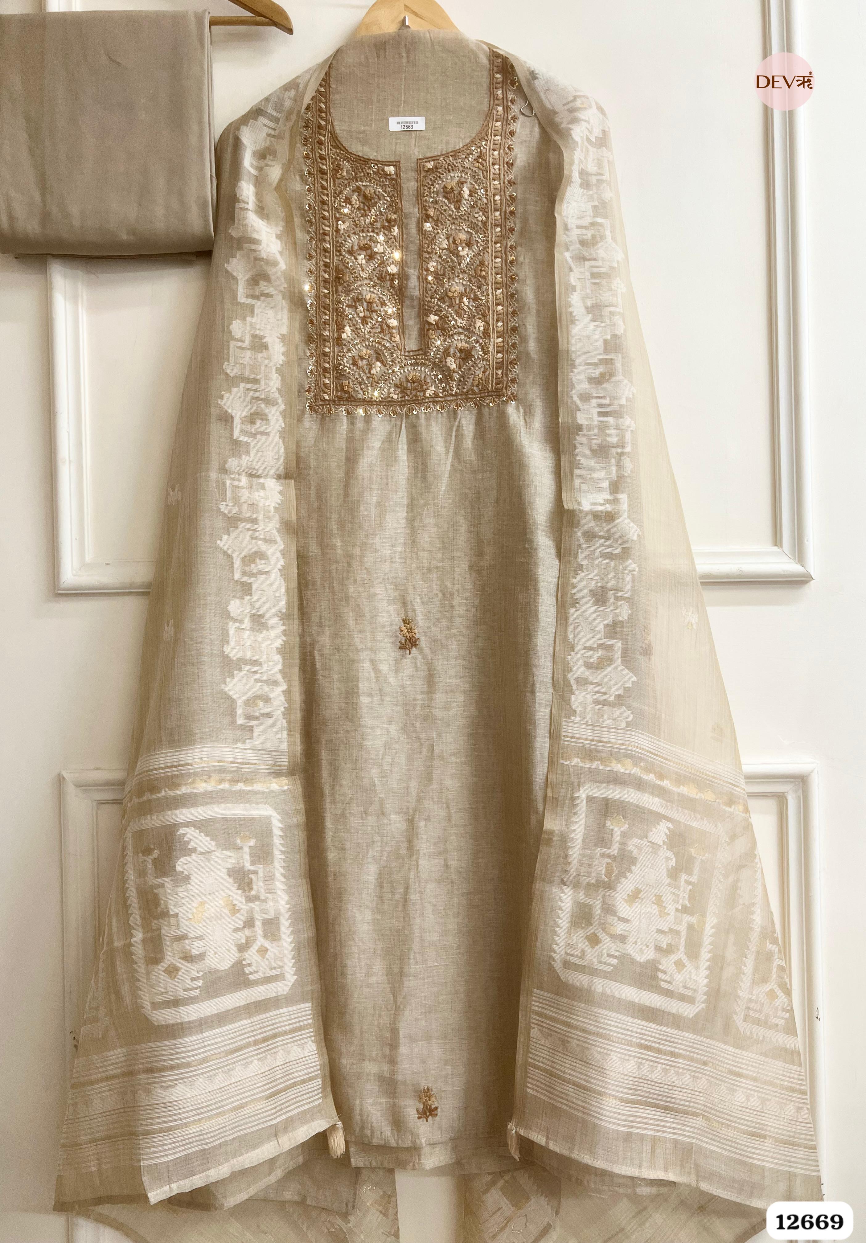 Beige Mul Chanderi Embroidered Unstitched 3-Piece Suit (Devri – D.No 12669)