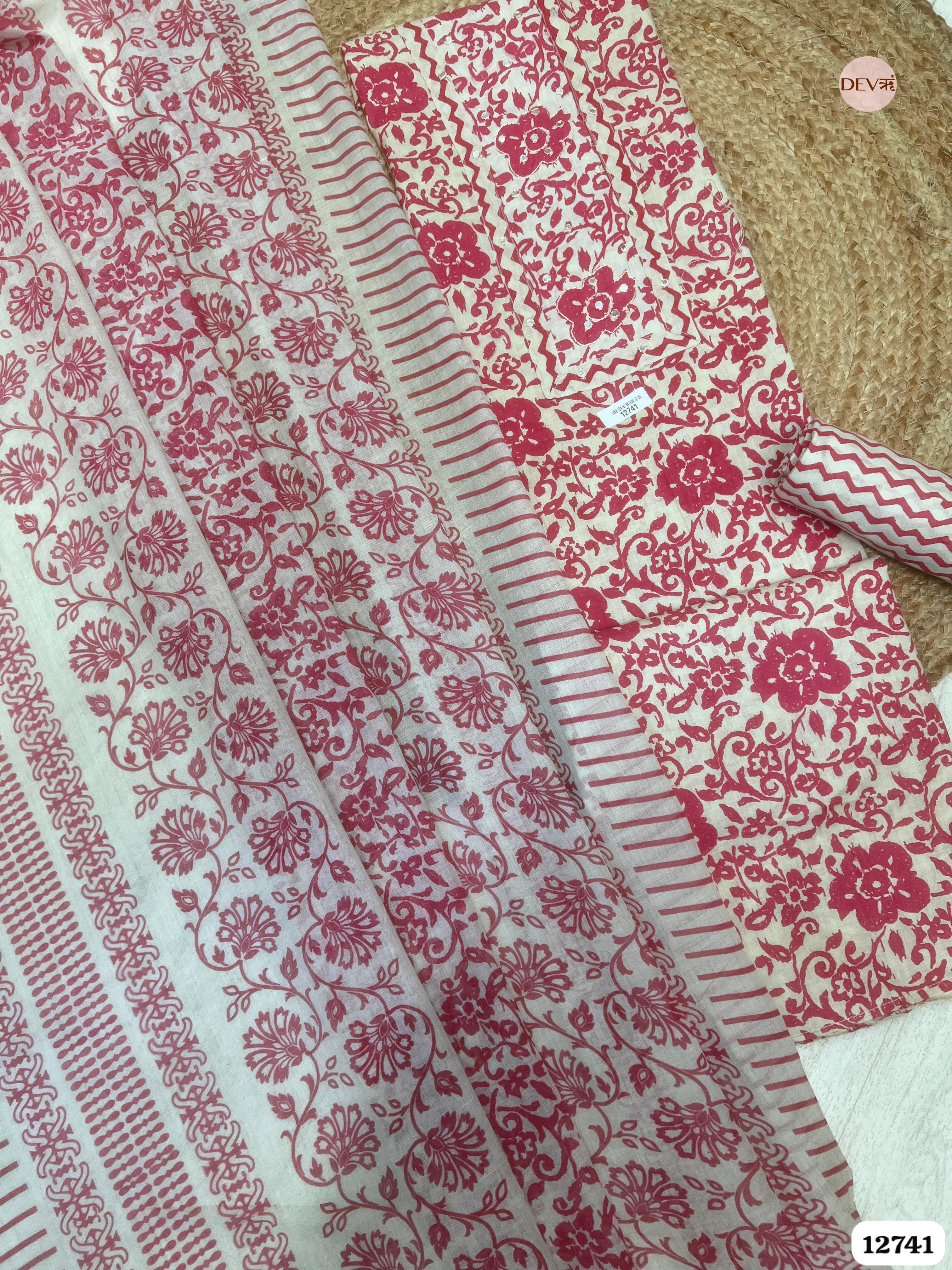 Pink Cotton Printed Unstitched 3-Piece Suit (Devri – D.No 12741)
