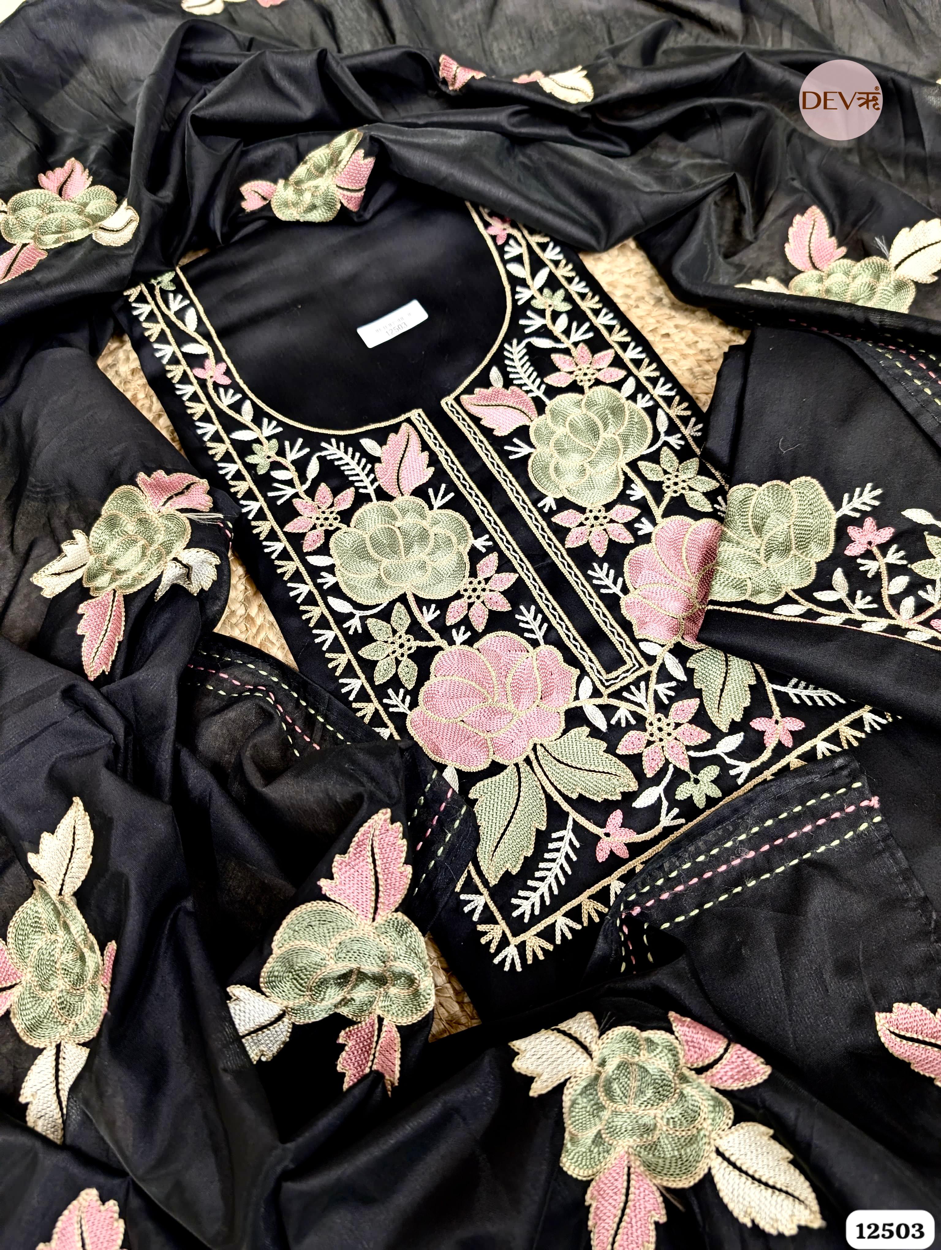 Black Cotton Embroidered Unstitched 3-Piece Suit (Devri – D.No. 12503)