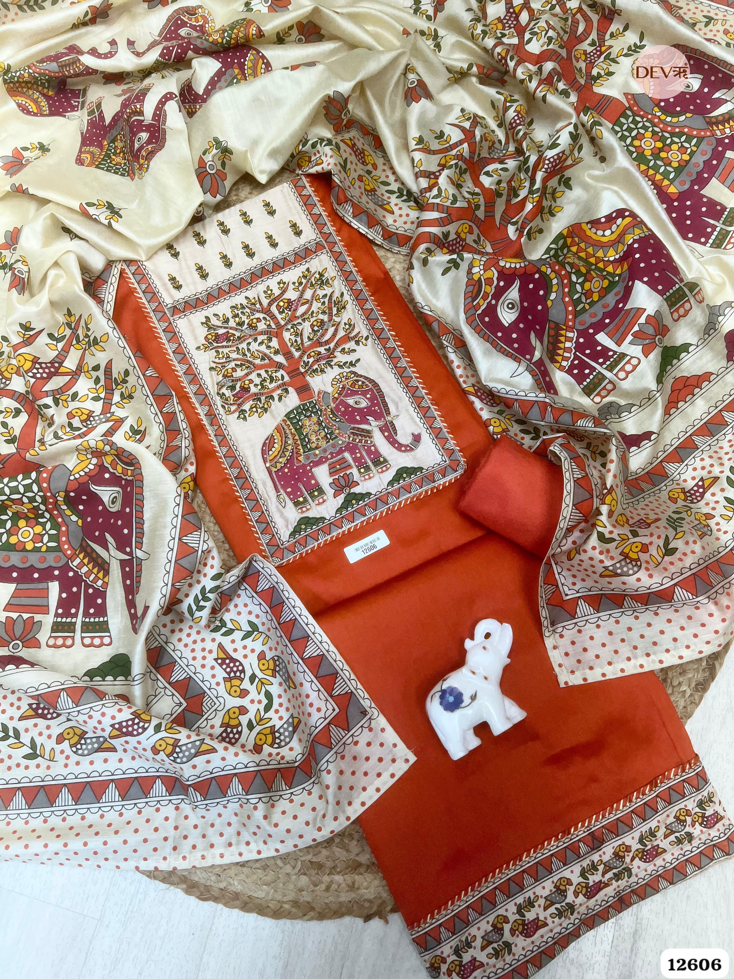 Rust Orange Cotton Embroidered Unstitched 3-Piece Suit (Devri – D.No 12606)