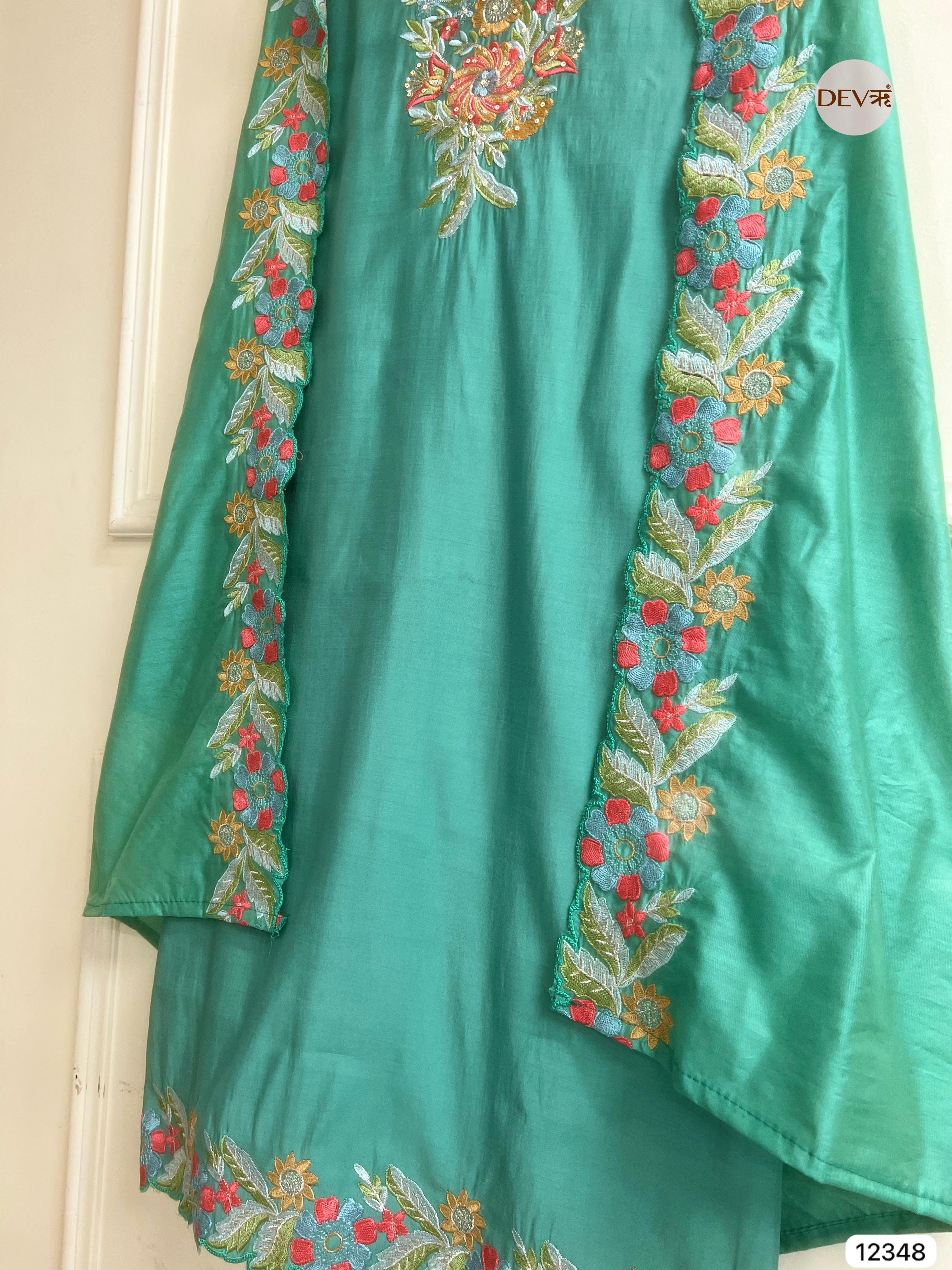 Teal Green Roman Silk Embroidered Unstitched 3-Piece Suit (Devri – D.No 12348)