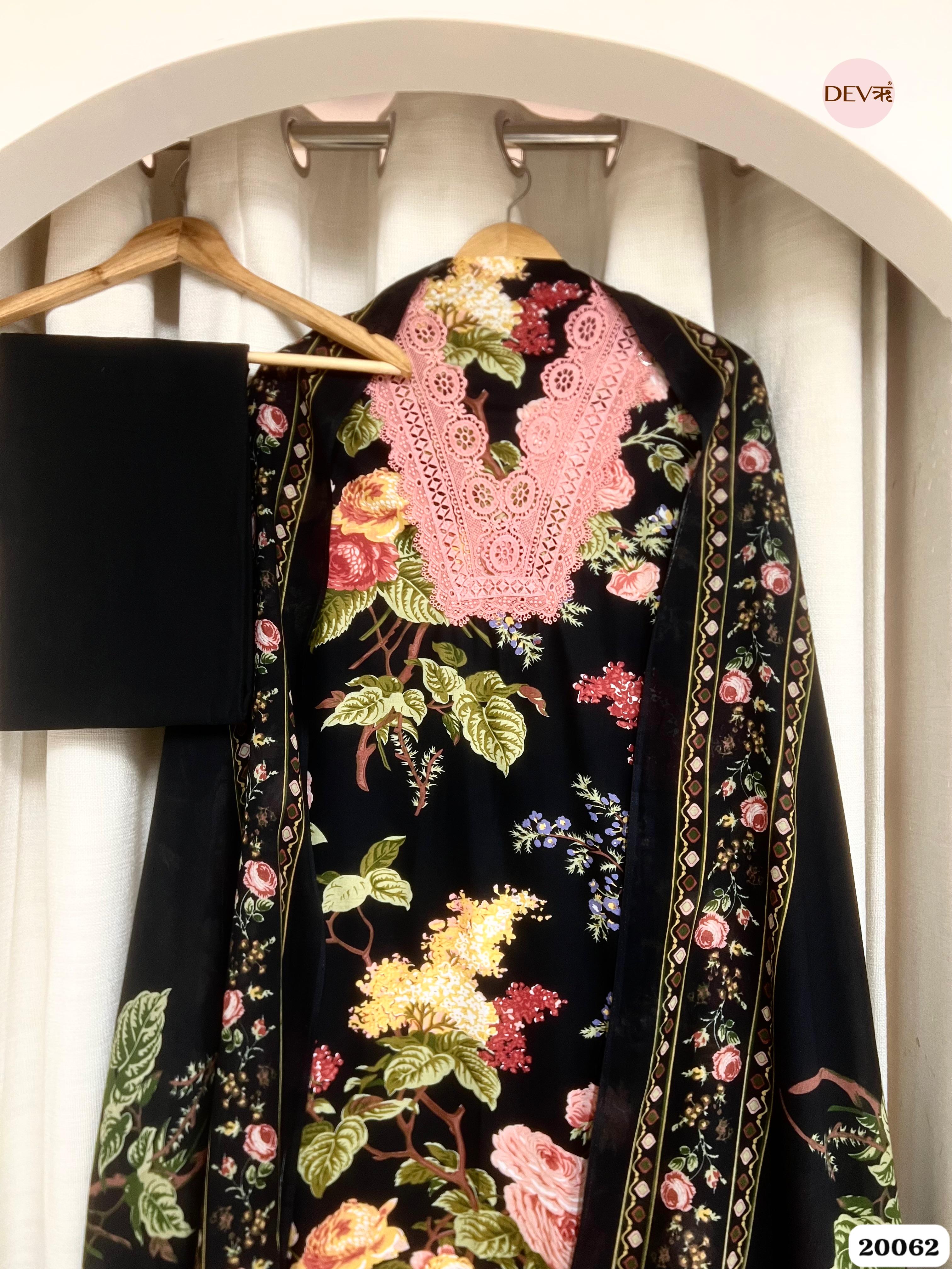 Black Cotton Printed Unstitched 3-Piece Suit (Devri – D.No. 20062)