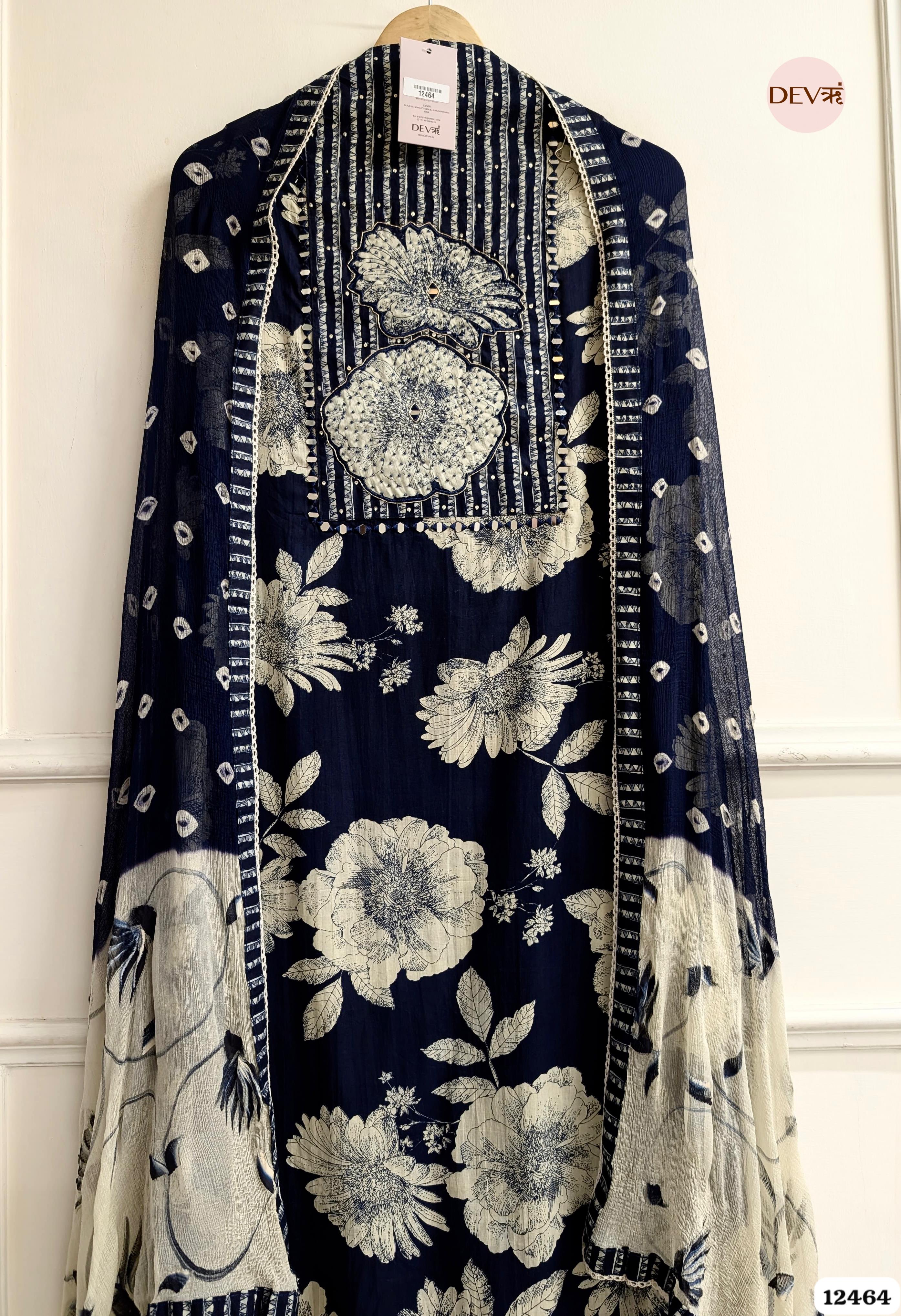 Navy Blue Cotton Printed Unstitched 3-Piece Suit (Devri – D.No. 12464)