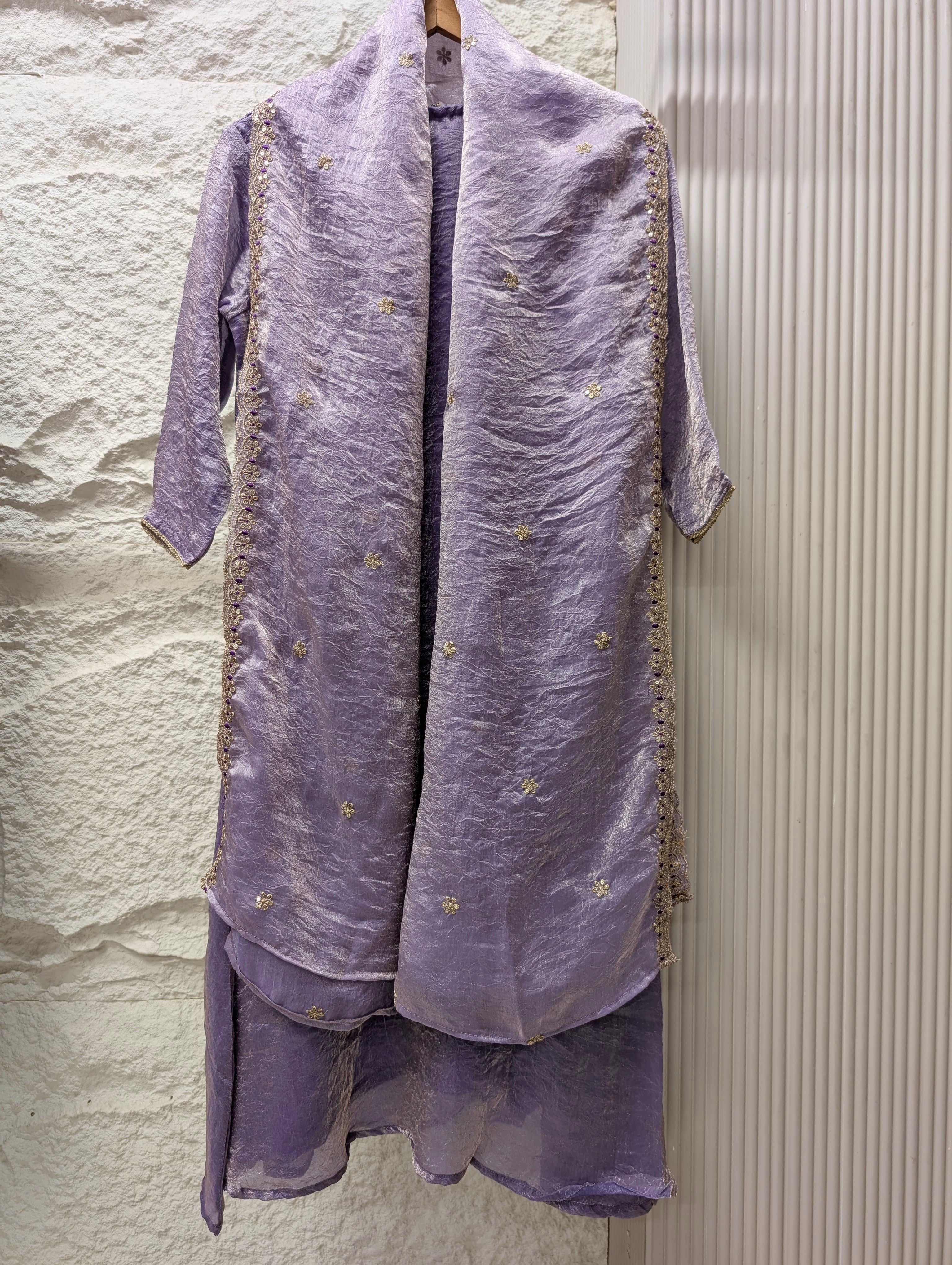 Meher Tissue Silk Embroidered Lavender 3-Piece Set (Devri – D.No 13582)