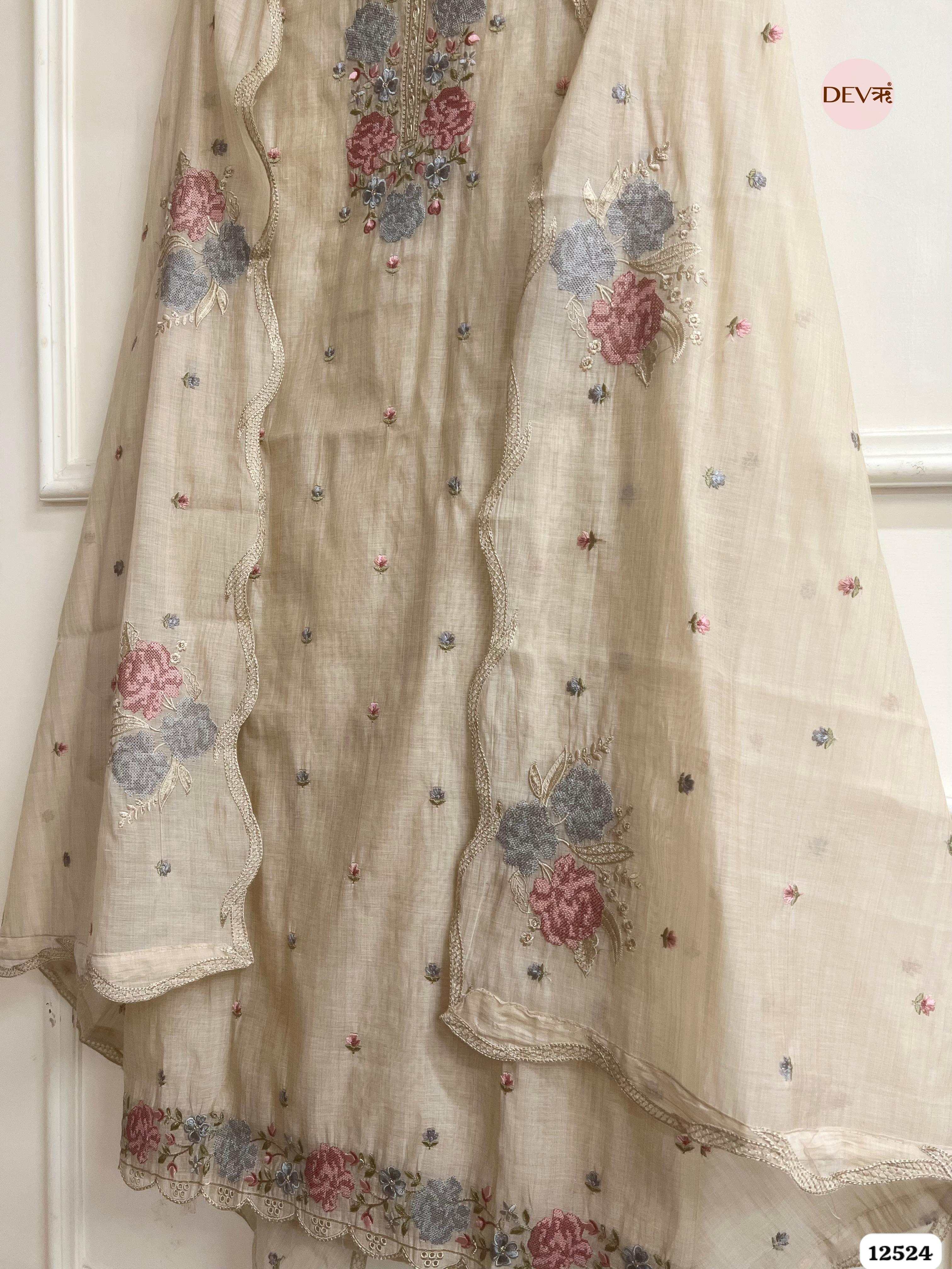 baige Mul Chanderi Embroidered Unstitched 3-Piece Suit (Devri – D.No. 12524)