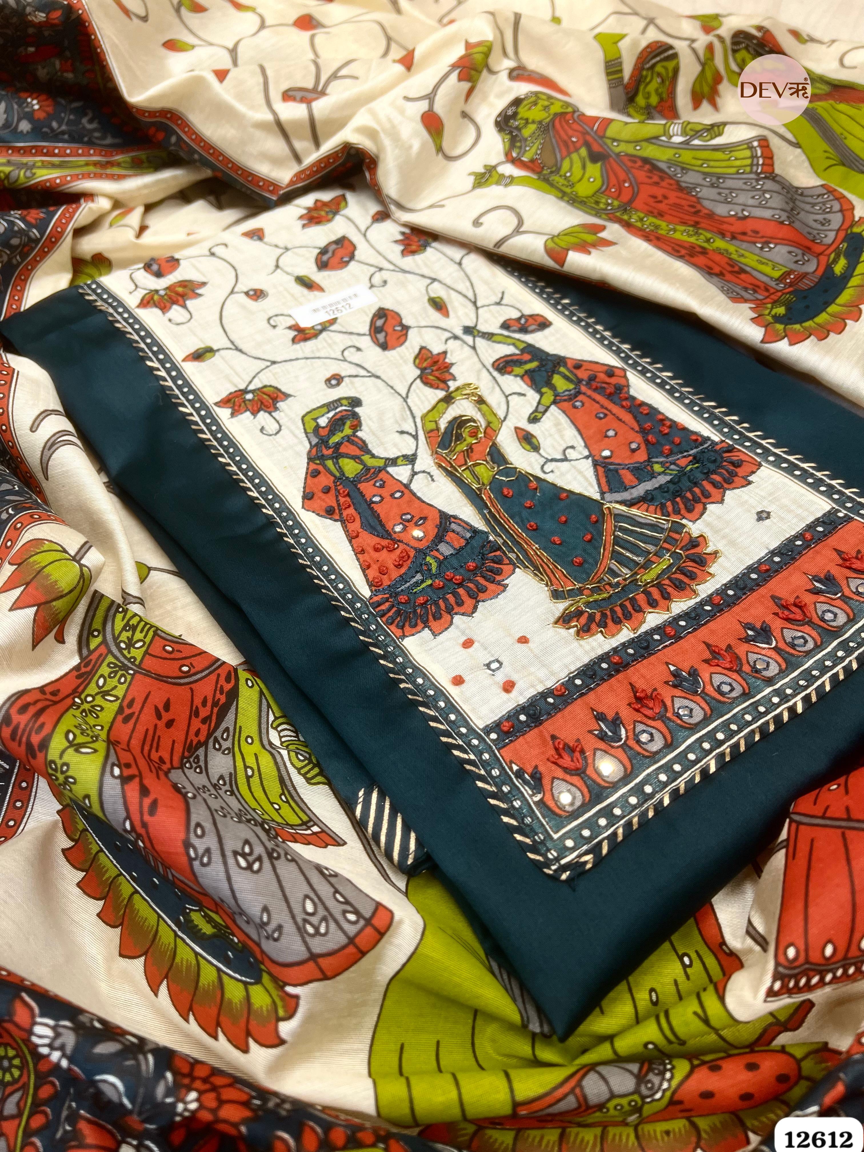 deep teal Glace Cotton Embroidered Unstitched 3-Piece Suit (Devri – D.No 12612)