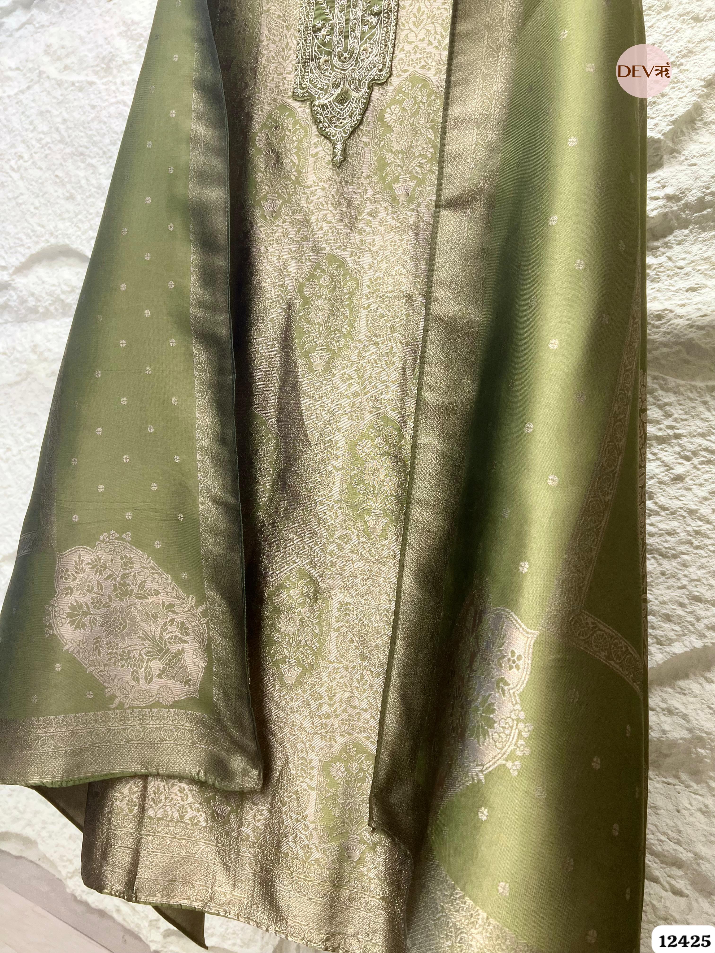 Soft Olive Banarasi Silk Printed Unstitched 3-Piece Suit (Devri – D.No. 12425)
