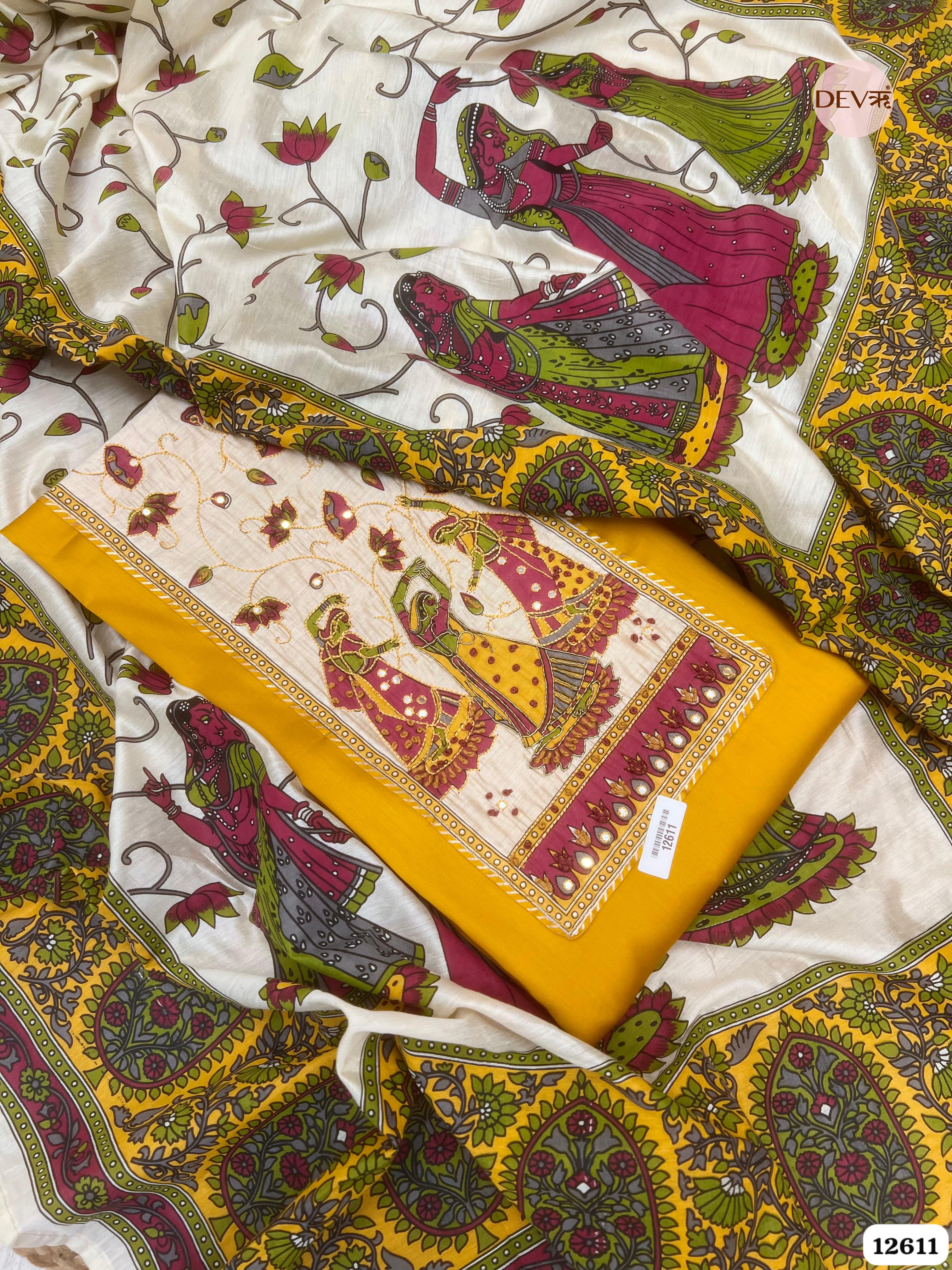 Yellow Glace Cotton Hand Painted Unstitched 3-Piece Suit (Devri – D.No 12611)