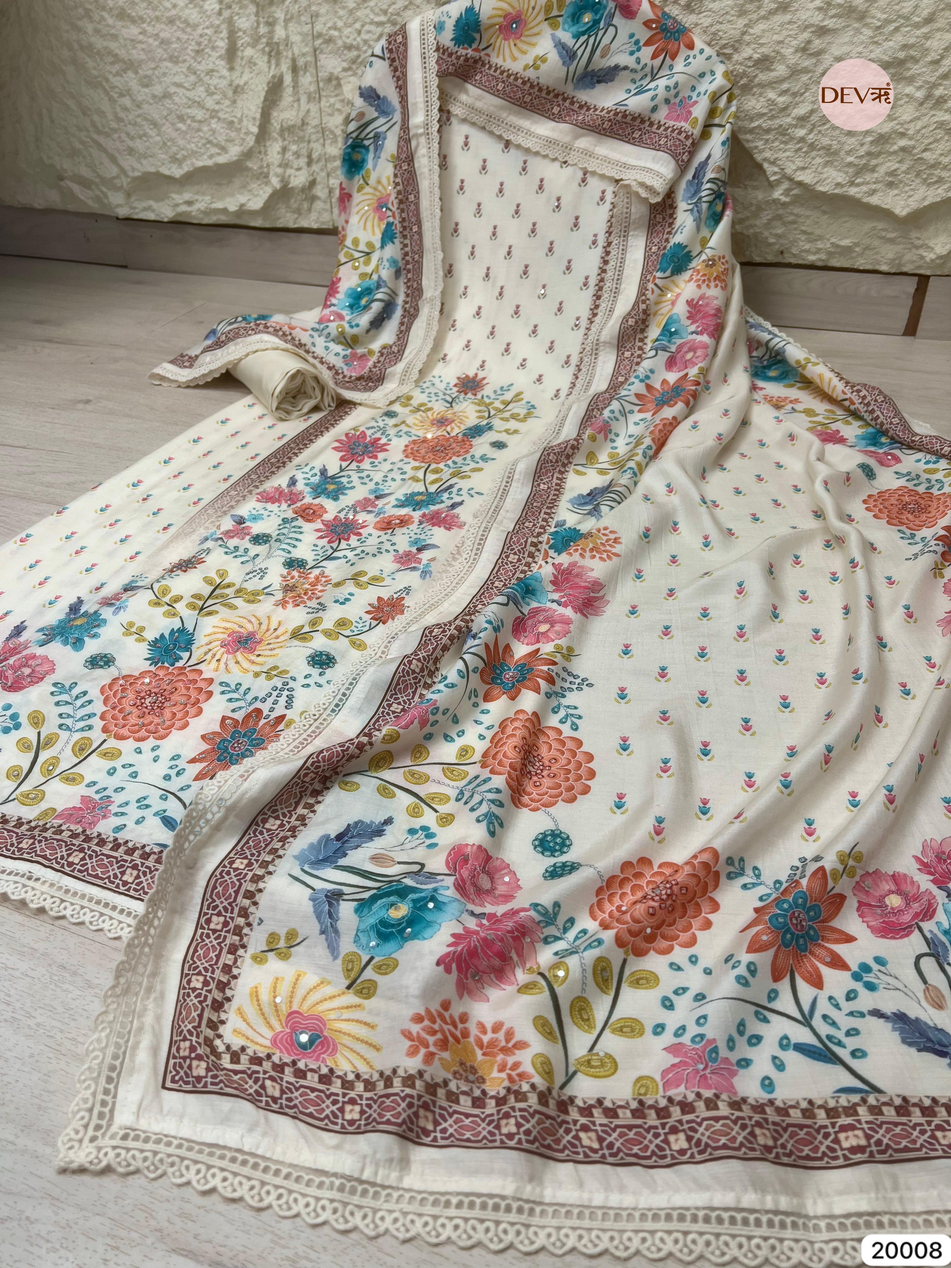 Off-White Muslin Embroidered Unstitched 3-Piece Suit (Devri – D.No 20008)