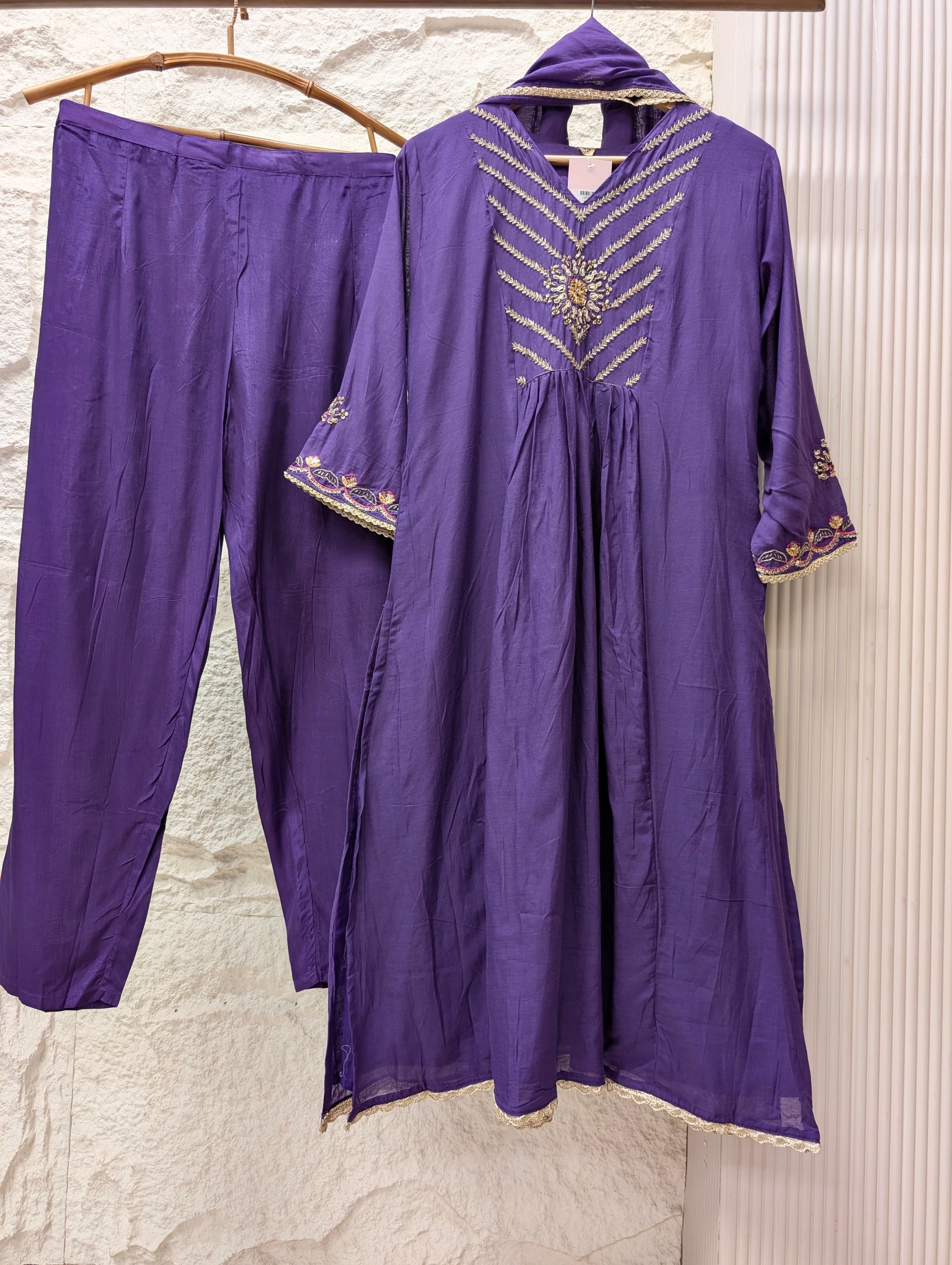 Zarmina Mul Chanderi Embroidered Purple 3-Piece Set (Devri – D.No 13733)