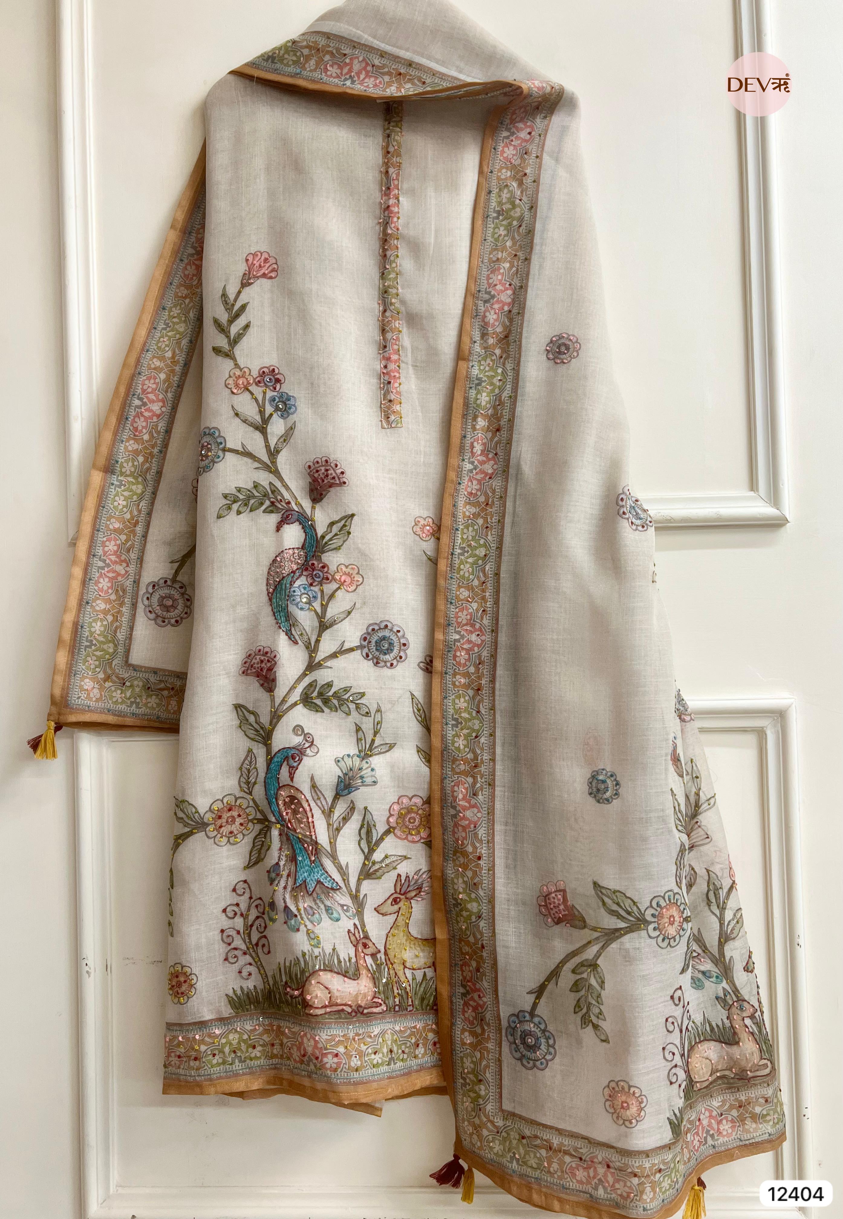 Beige Pure Linen Cotton Printed Unstitched 3-Piece Suit (Devri – D.No 12404)