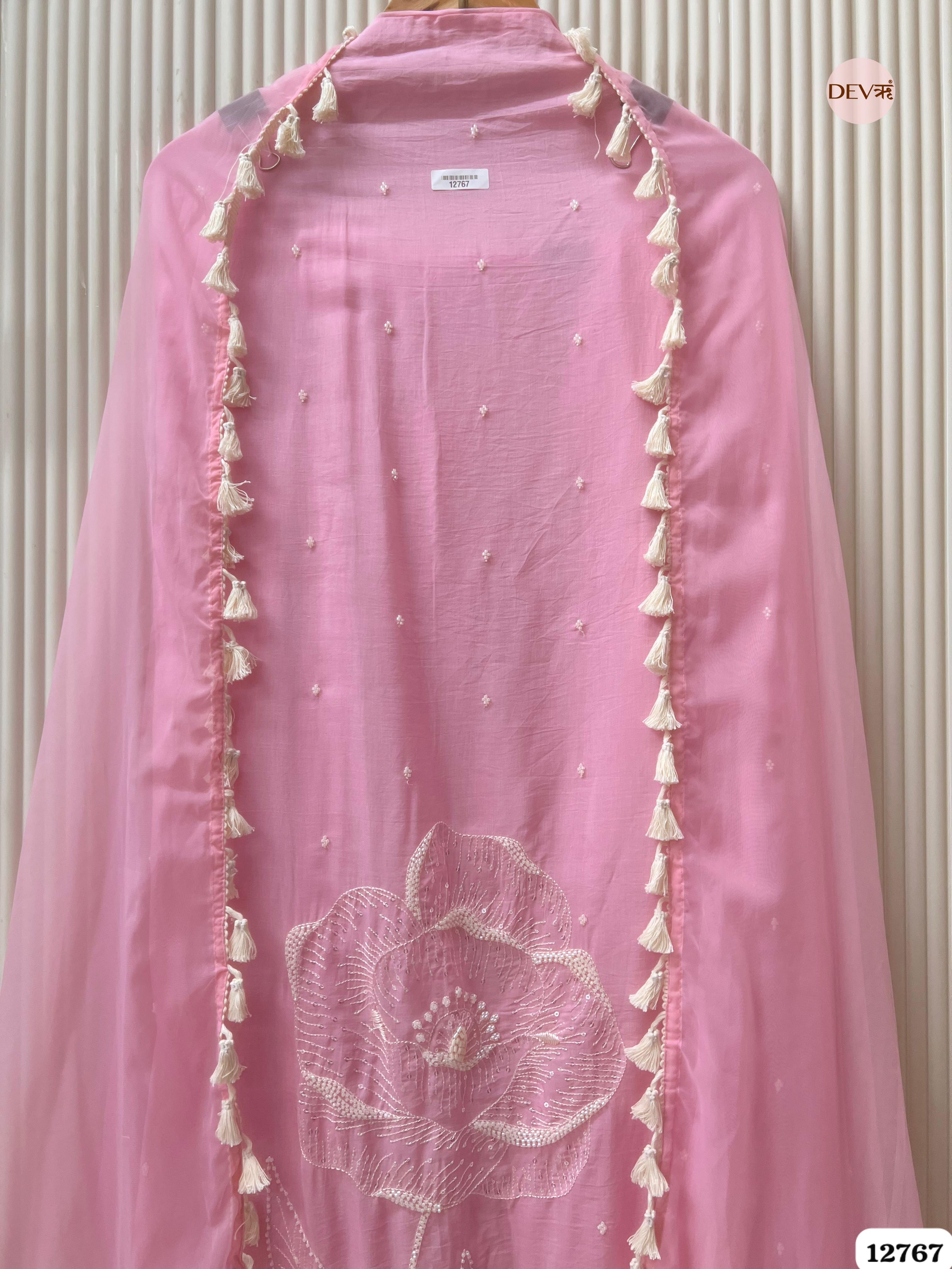 Pink Mul Cotton Hand-Embroidered Unstitched 3-Piece Suit (Devri – D.No 12767)