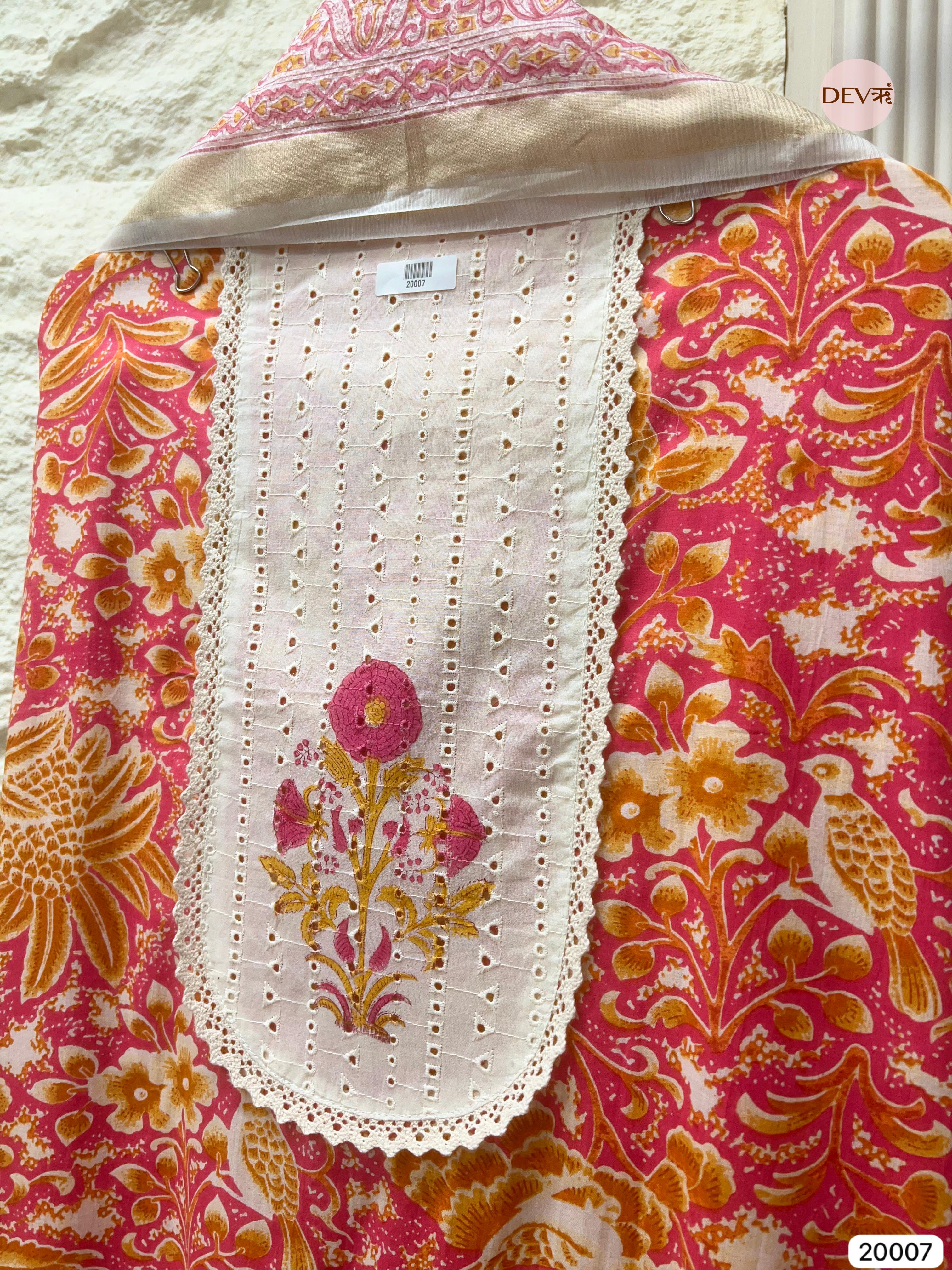Pink and Mustard Pure Cotton Printed Unstitched 3-Piece Suit (Devri – D.No 20007)
