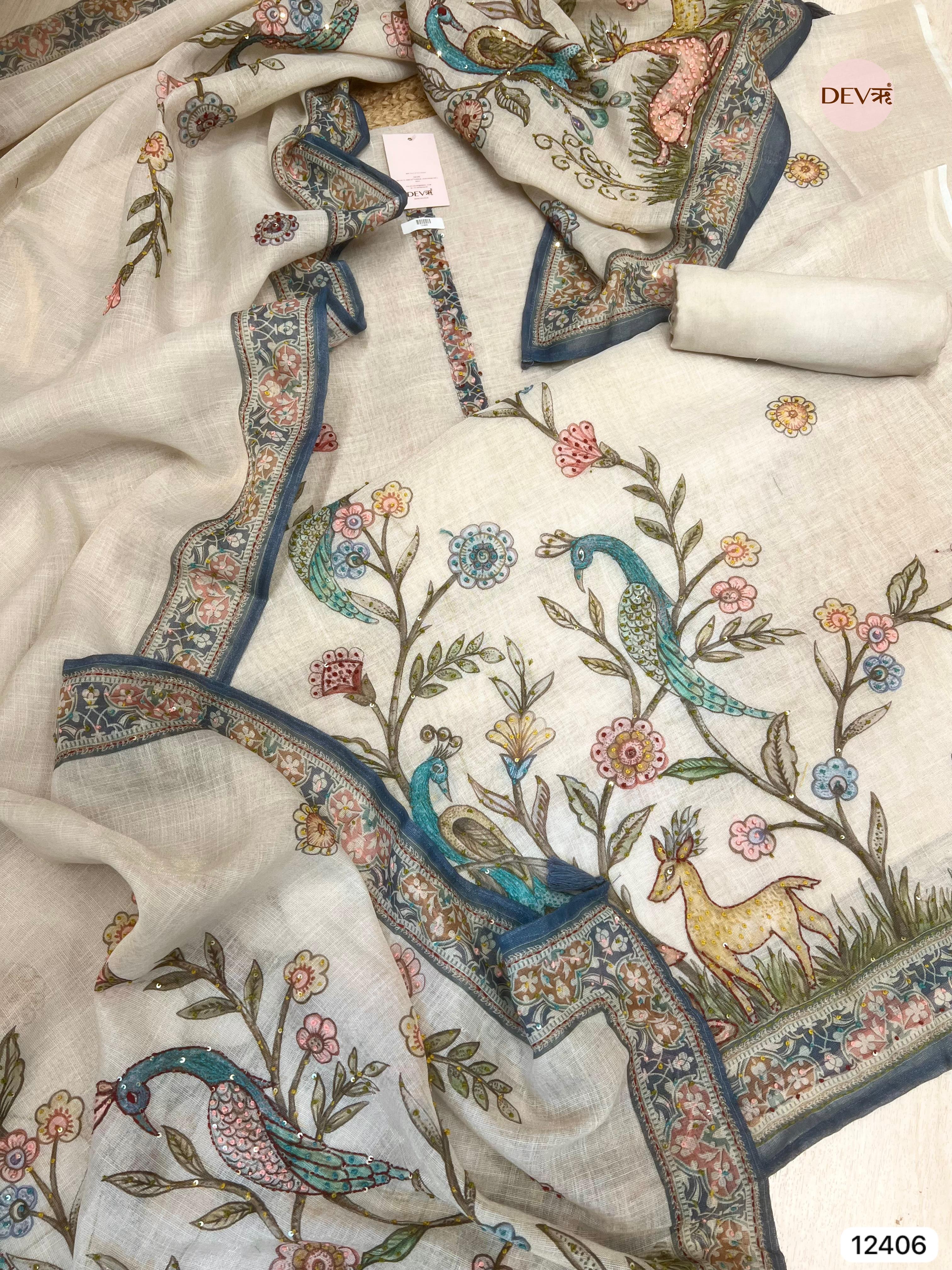 Beige Pure Linen Cotton Printed Unstitched 3-Piece Suit (Devri – D.No 12406)