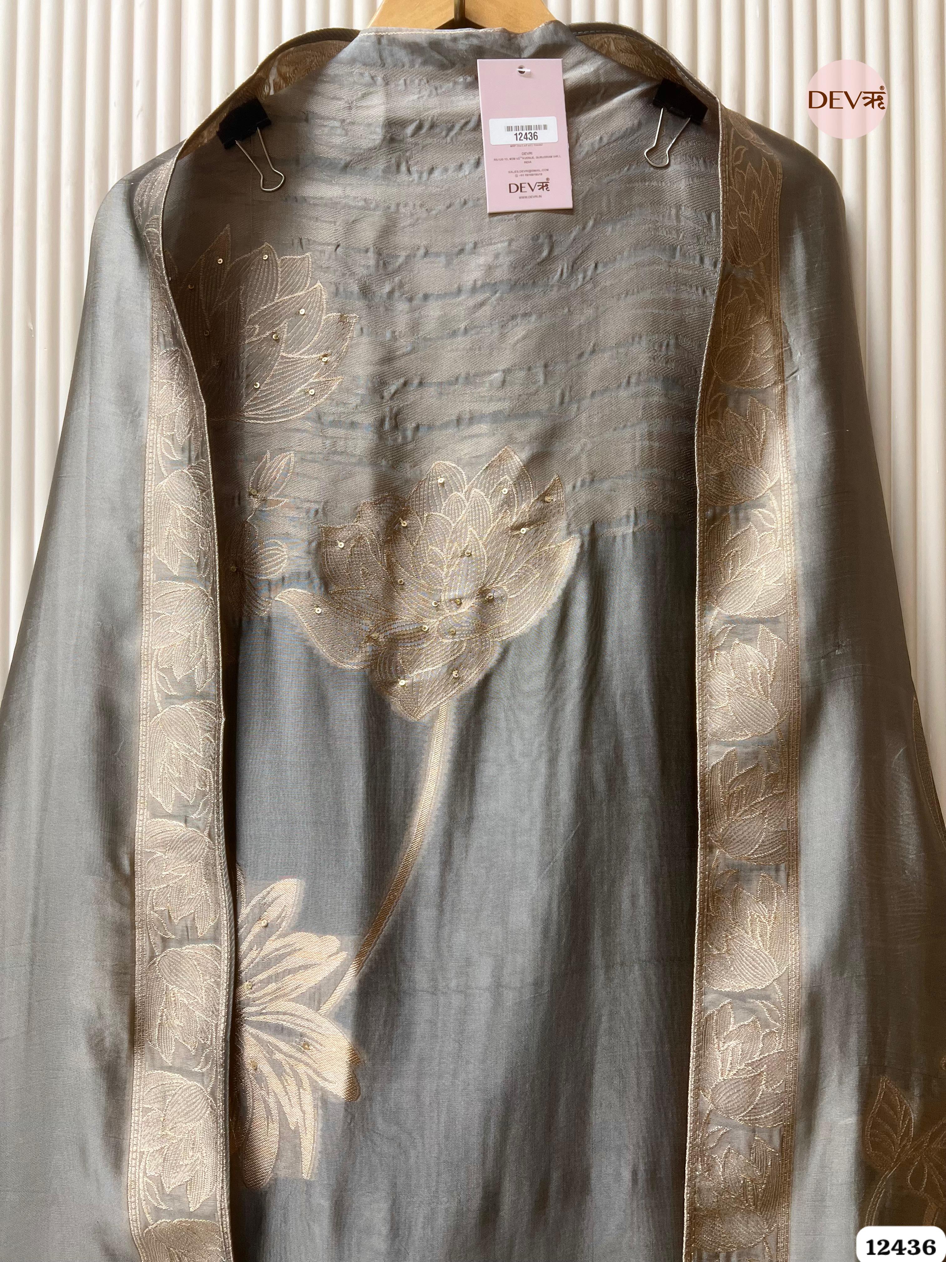Steel Grey Banarasi Silk Printed Unstitched 3-Piece Suit (Devri – D.No. 12436)