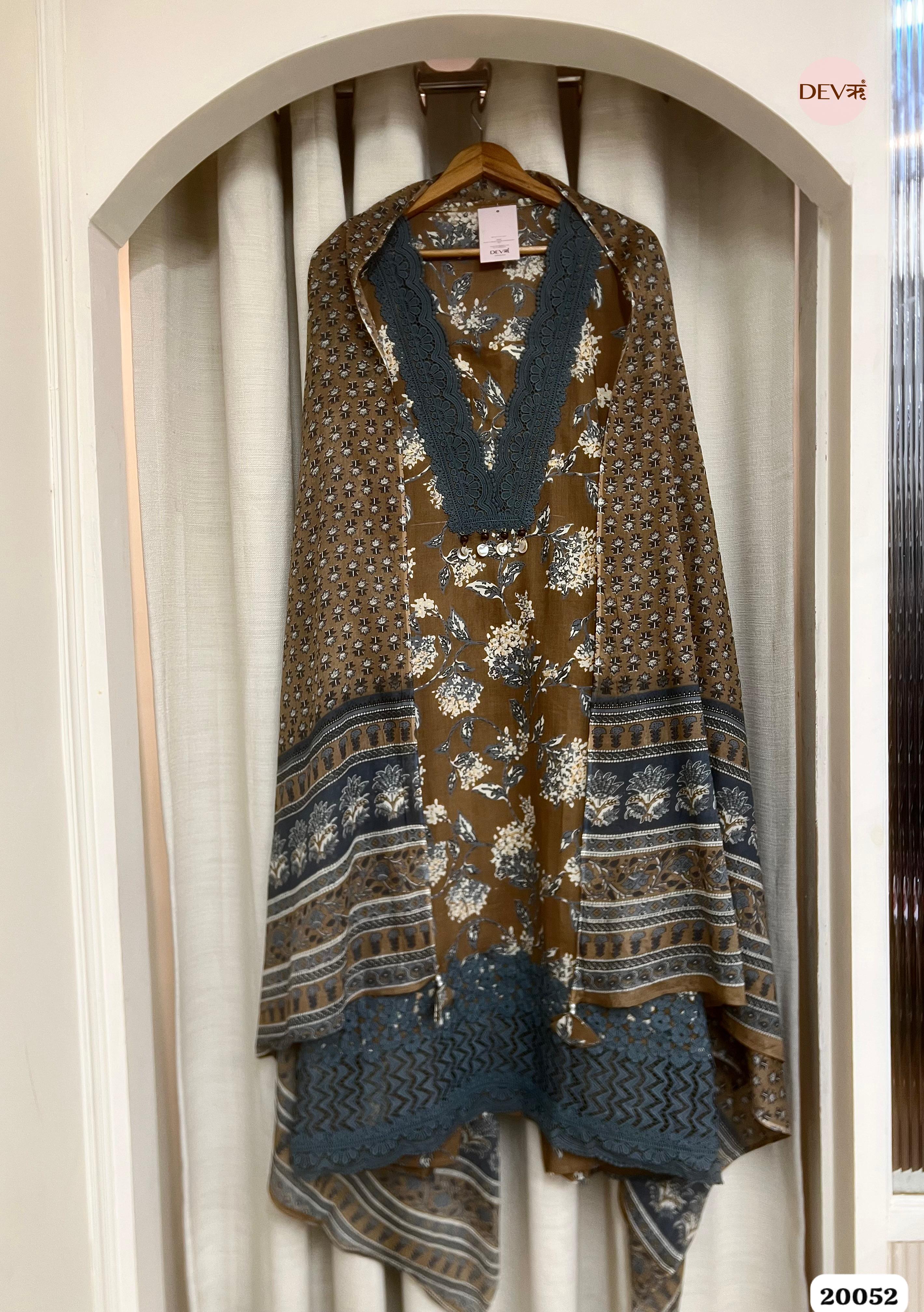 Olive Brown Pure Cotton Printed Unstitched 3-Piece Suit (Devri – D.No. 20052)