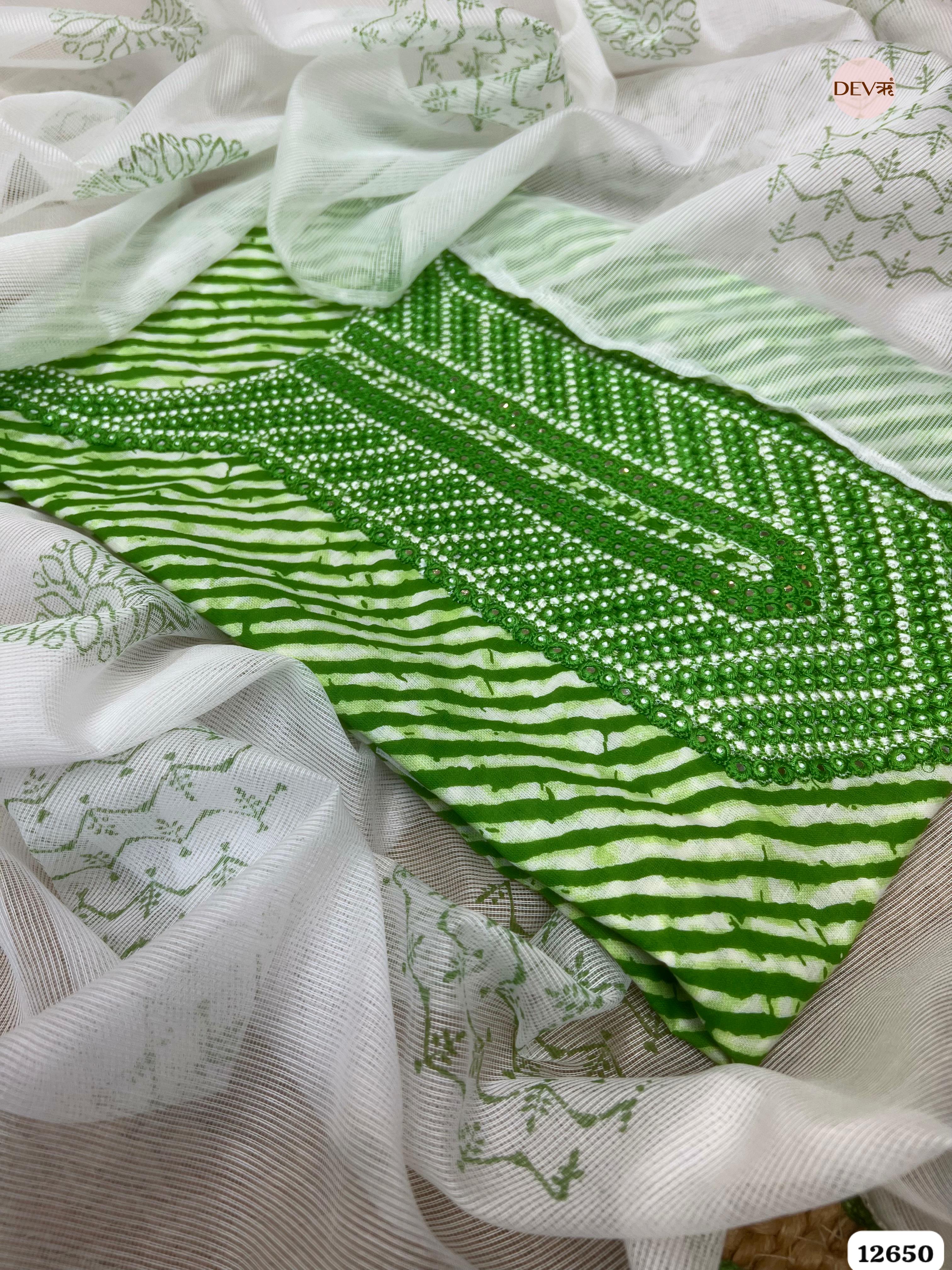 Green Cotton Printed & Embroidered Unstitched 3-Piece Suit (Devri – D.No. 12650)