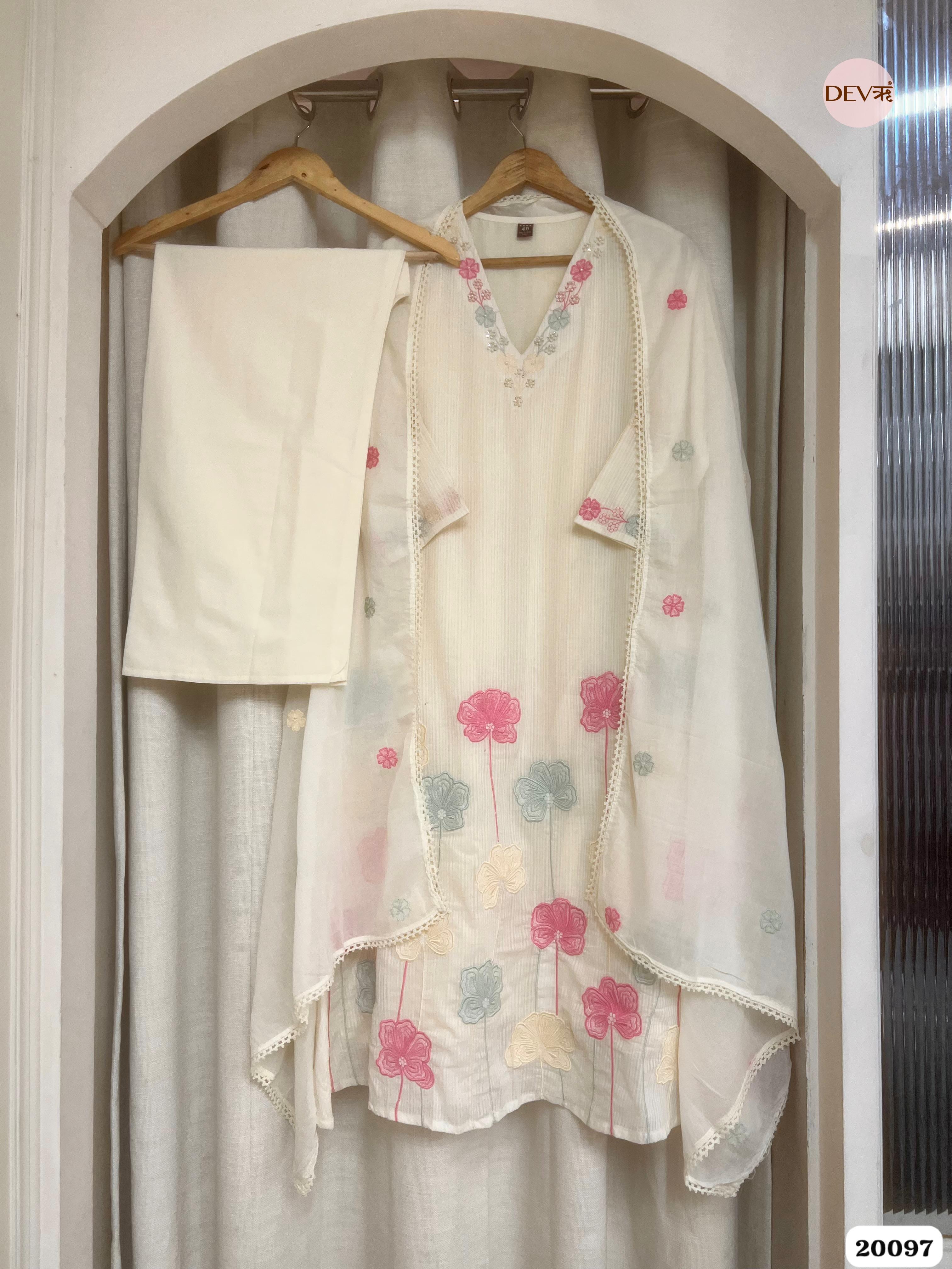 Kaveri Pure Cotton Embroidered Ivory 3-Piece Set (Devri – D.No 20097)