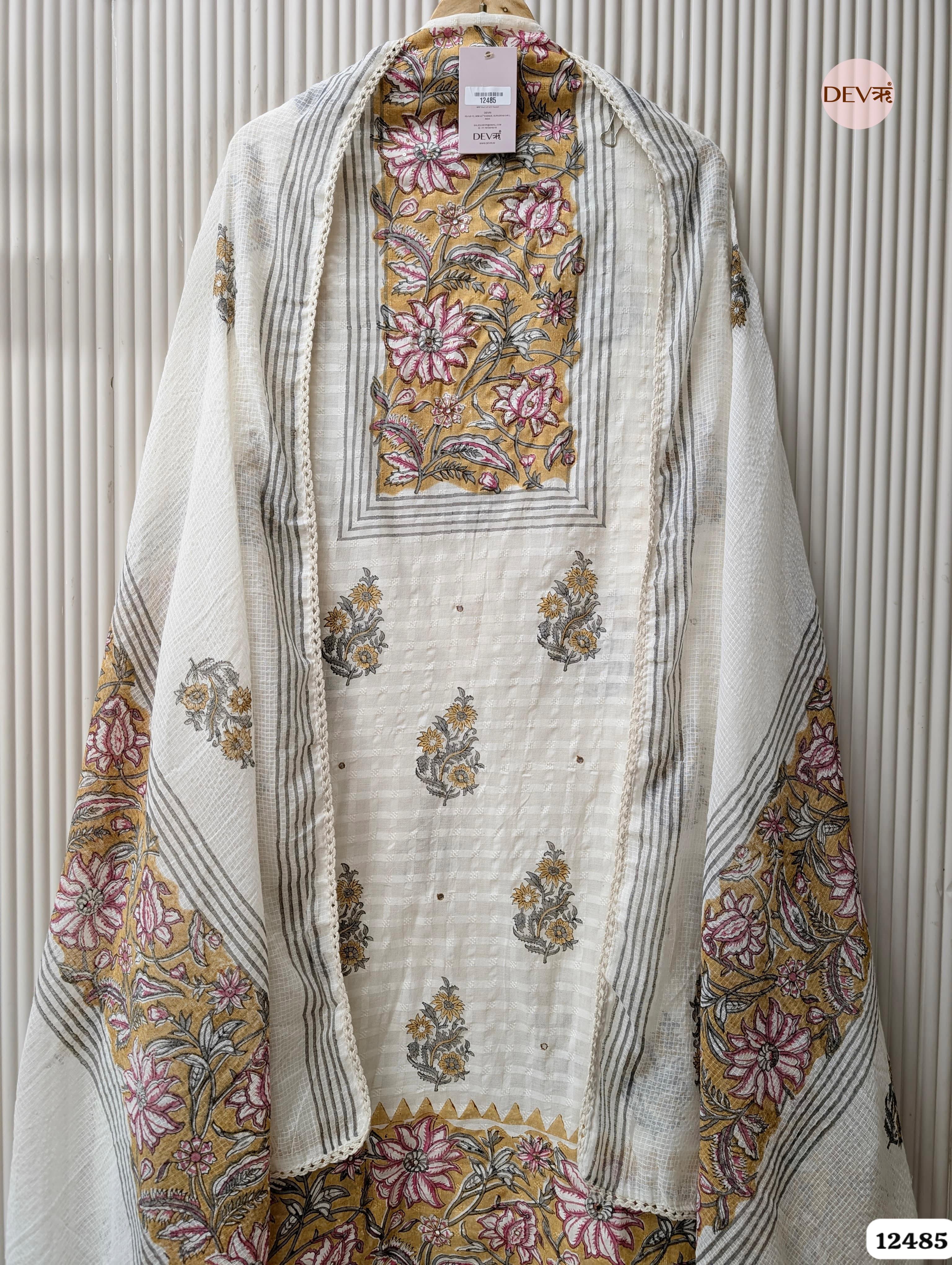 white & Yellow Pure Cotton Printed Unstitched 3-Piece Suit (Devri – D.No 12485)