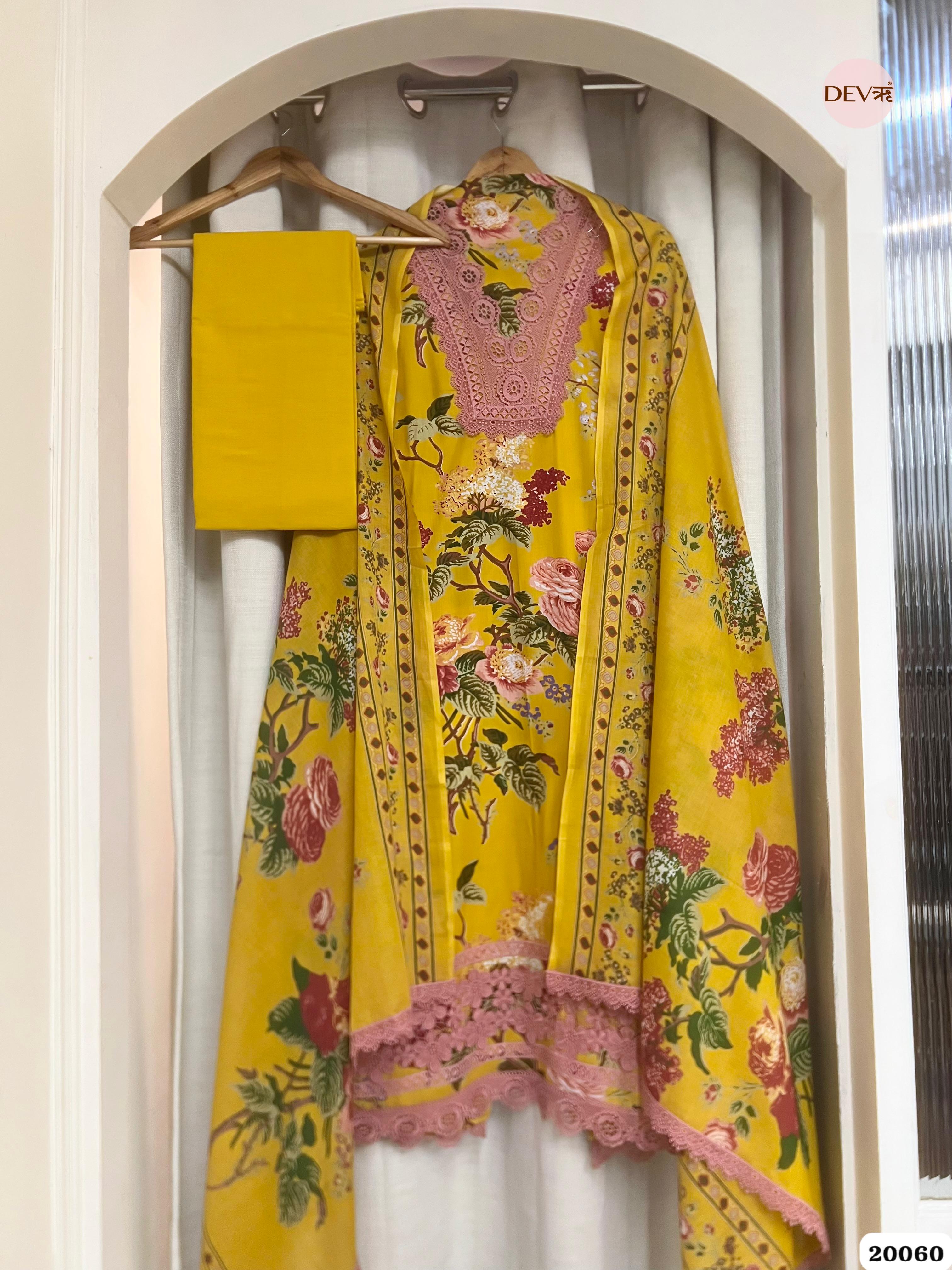 Mustard Yellow Cotton Printed Unstitched 3-Piece Suit (Devri – D.No. 20060)