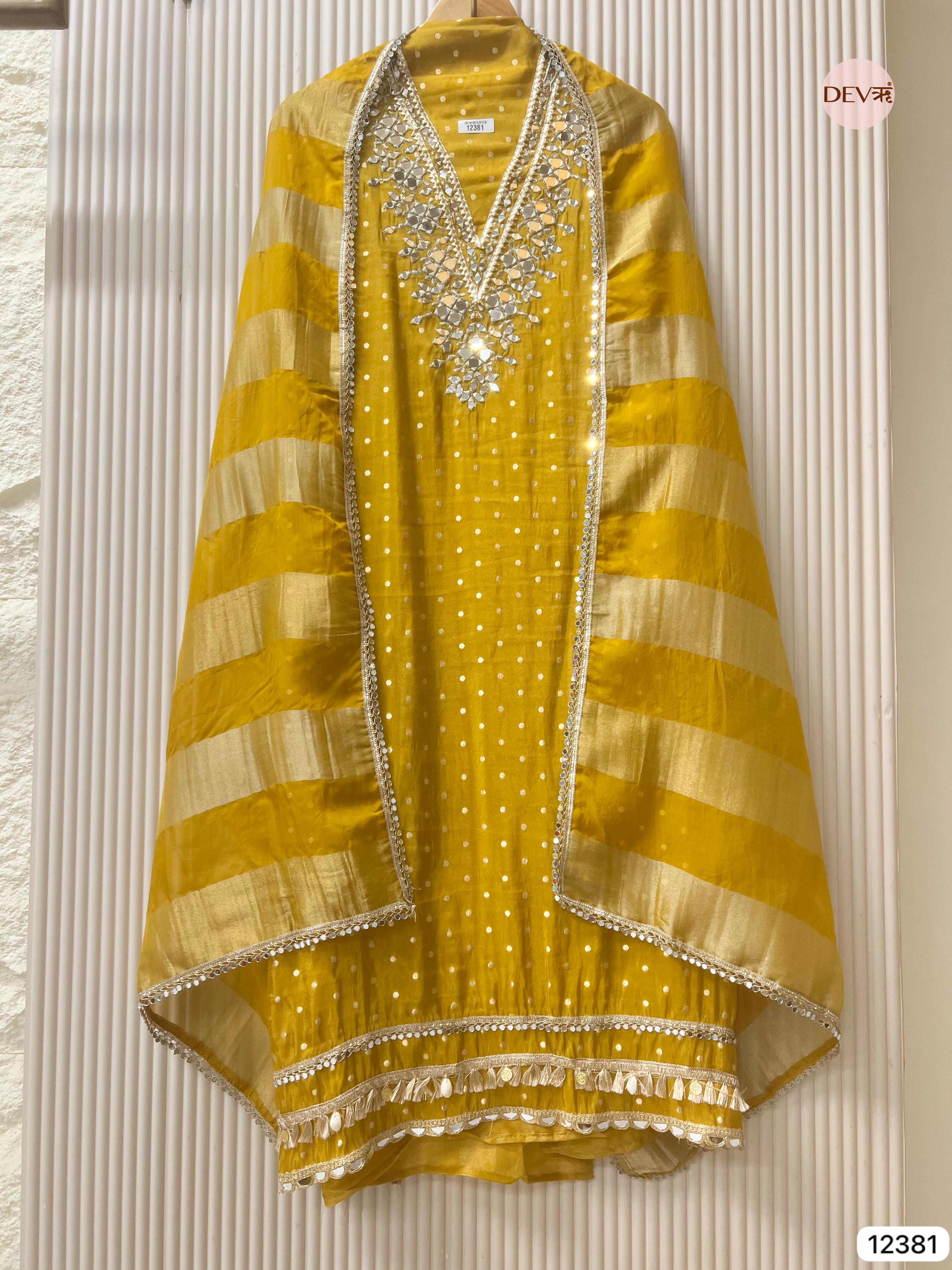 Mustard Yellow Tissue Silk Embroidered Unstitched 3-Piece Suit (Devri – D.No 12381)