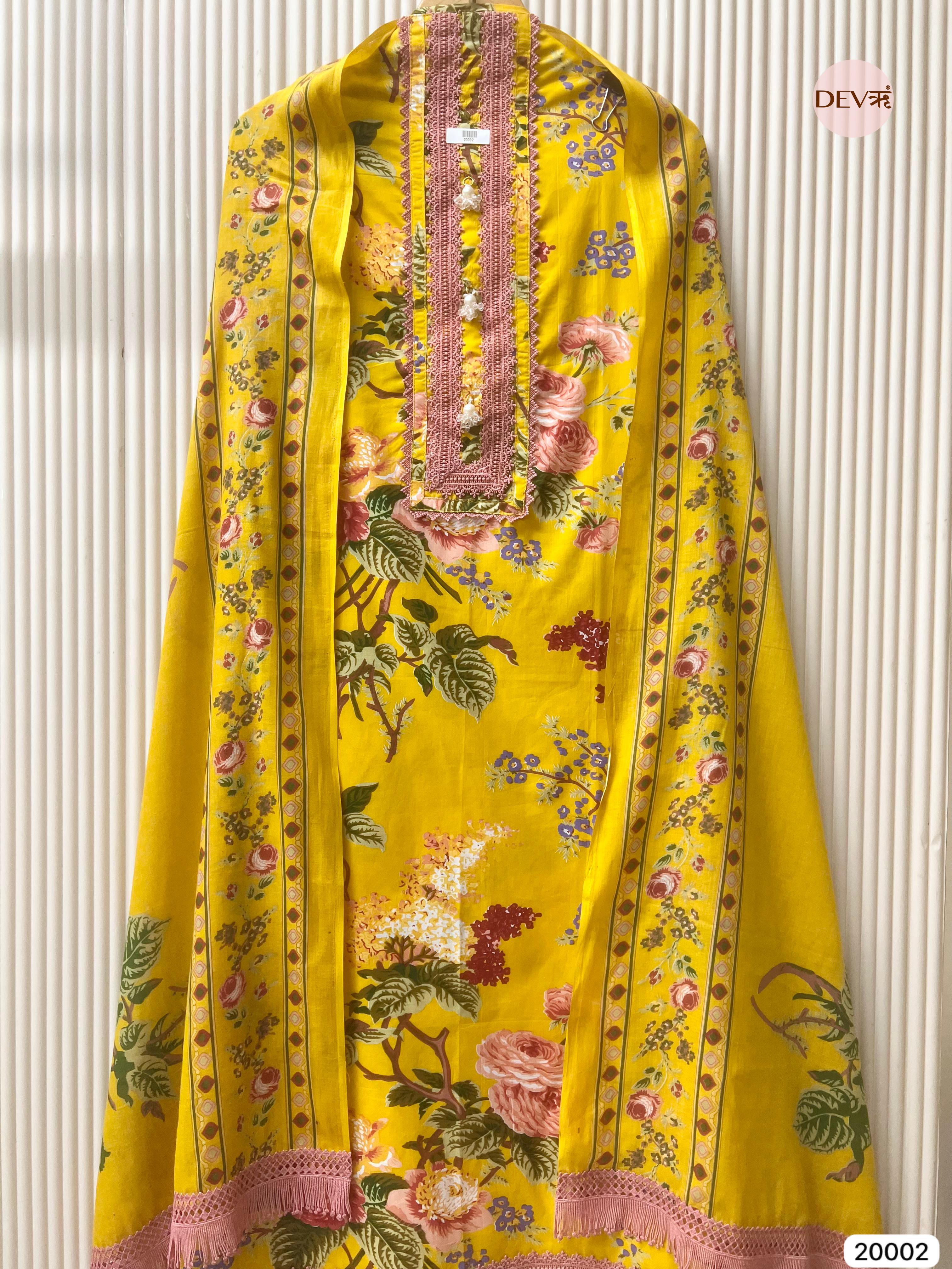 Yellow Pure Cotton Printed Unstitched 3-Piece Suit (Devri – D.No 20002)