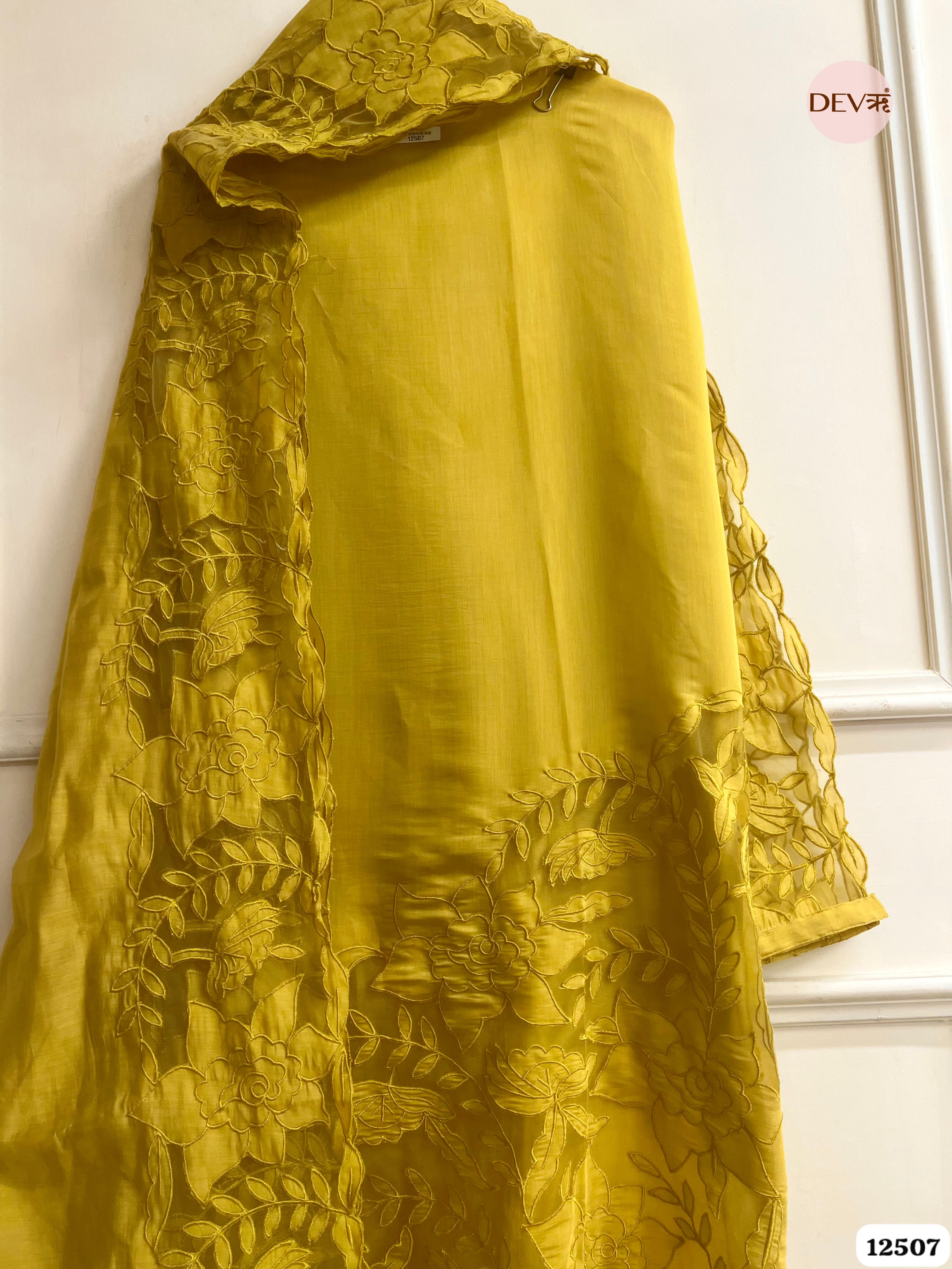 Mustard Modal Silk Embroidered Unstitched 3-Piece Suit (Devri – D.No . 12507)