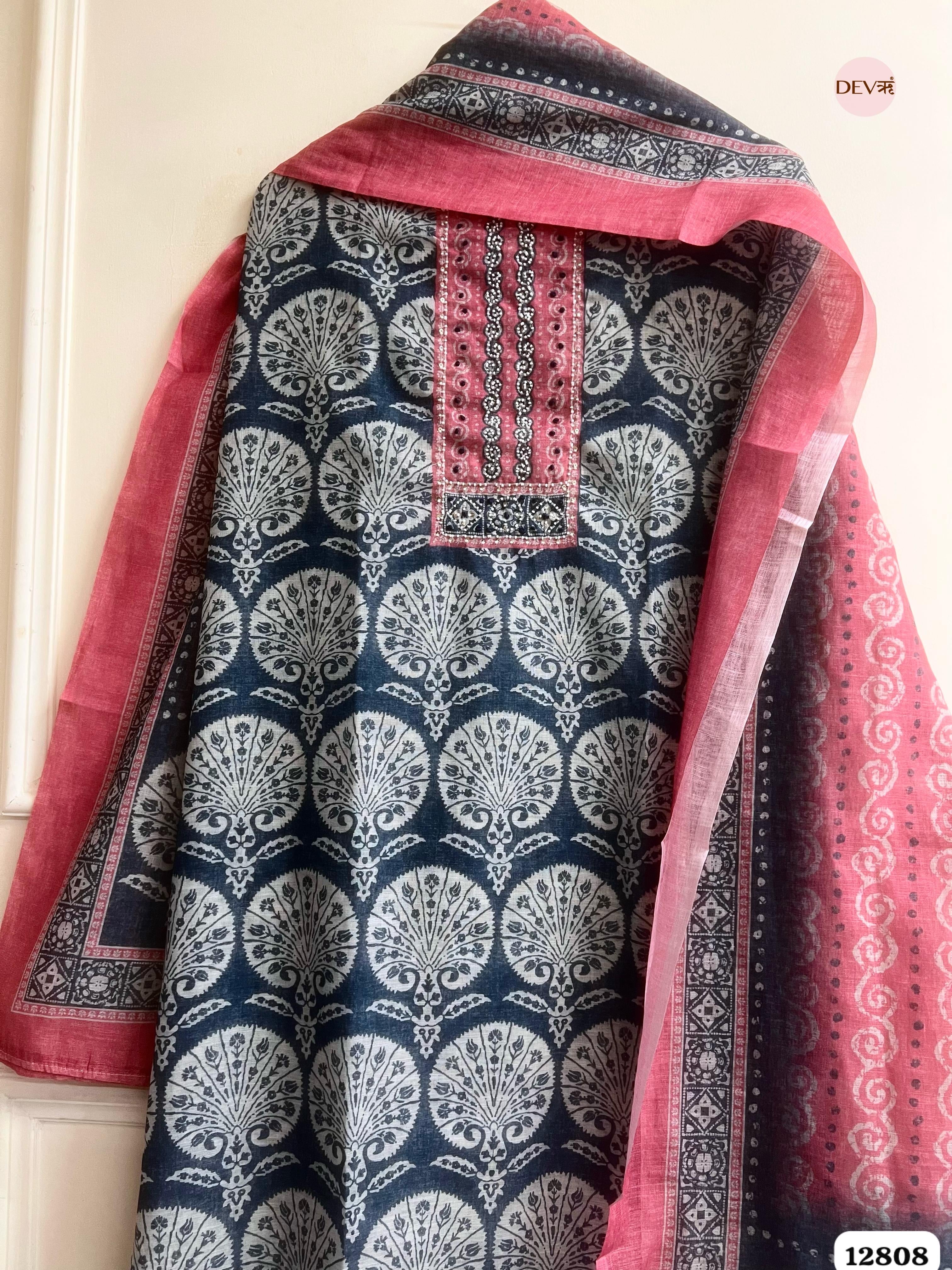 Grey Linen Cotton Printed Unstitched 3-Piece Suit (Devri – D.No 12808)