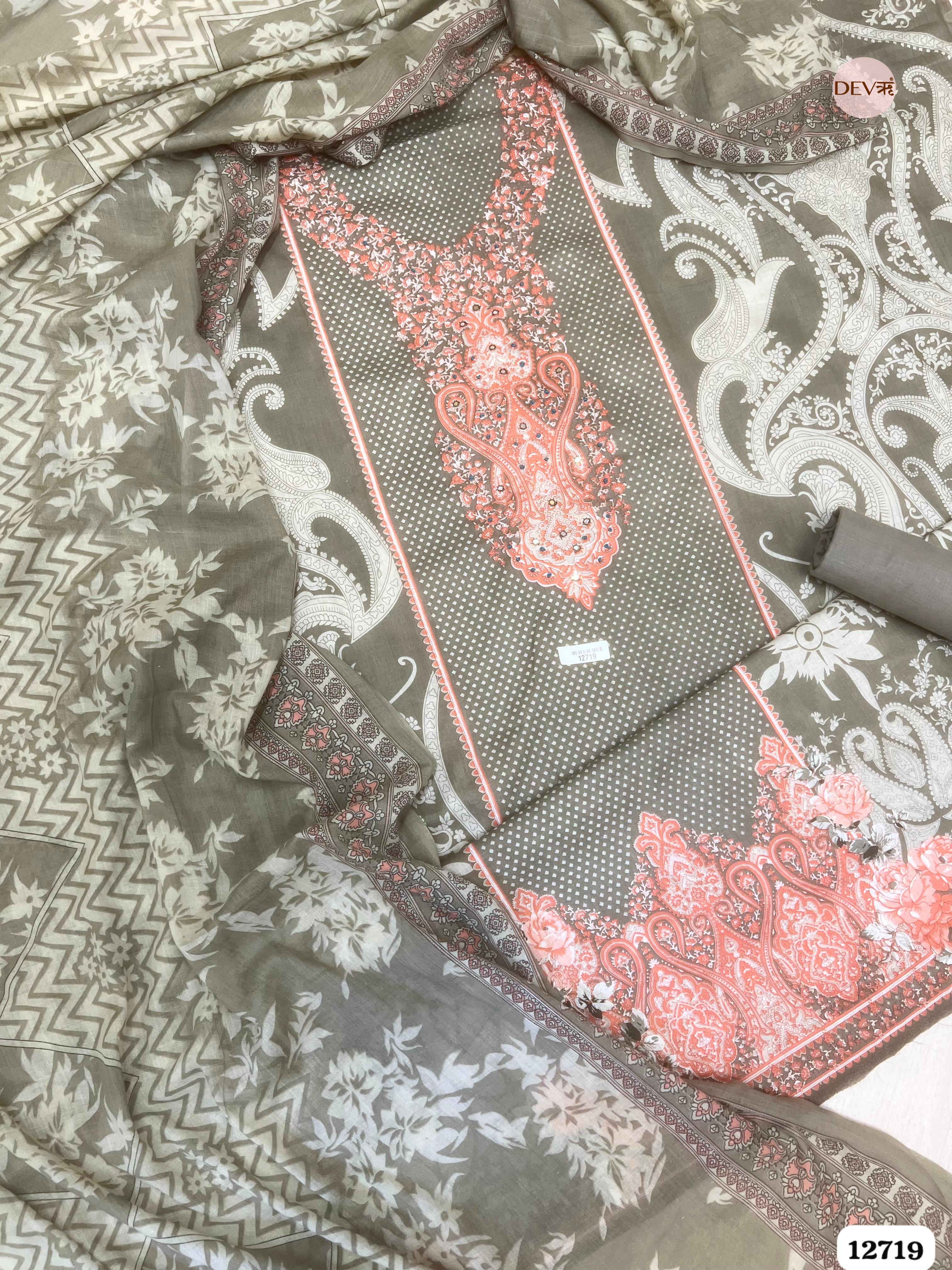 Grey Cotton Printed Unstitched 3-Piece Suit (Devri – D.No 12719)
