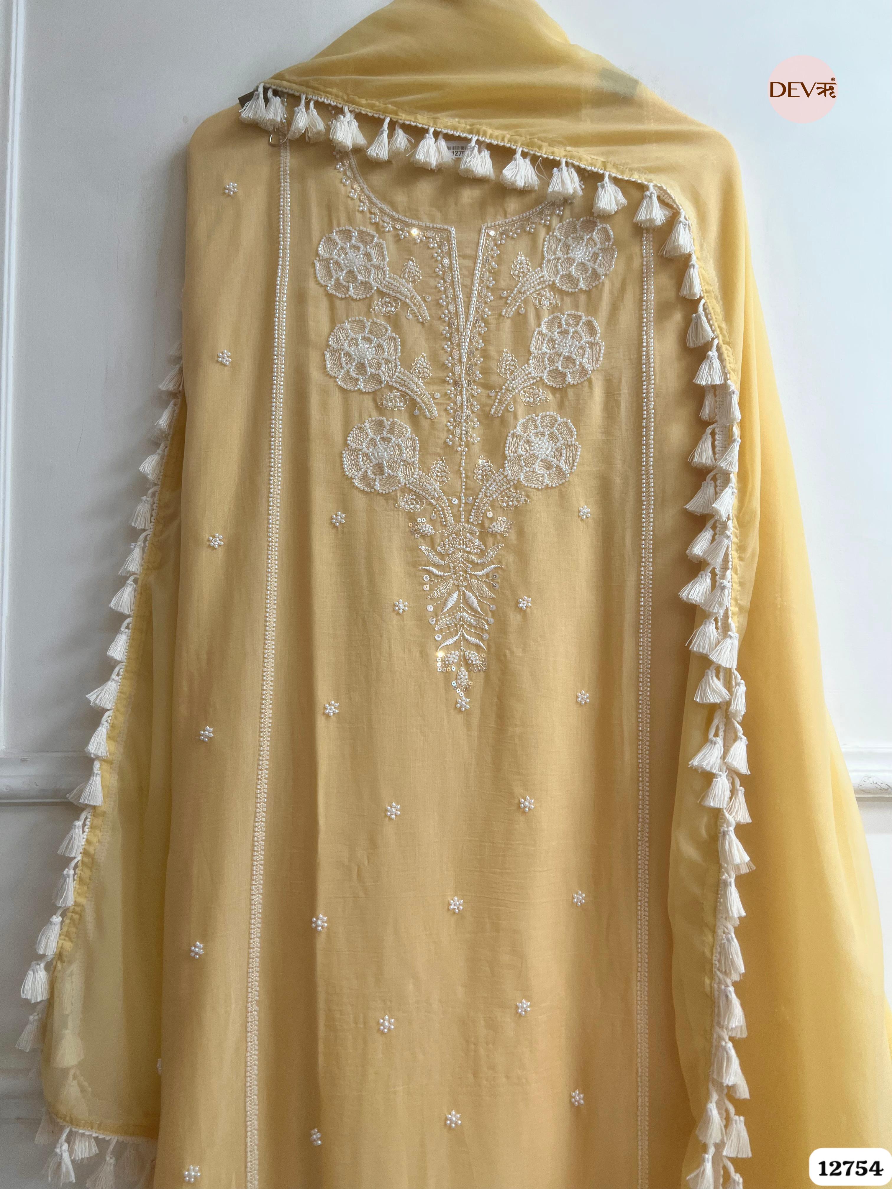 Yellow Mul Cotton Embroidered Unstitched 3-Piece Suit (Devri – D.No 12754)