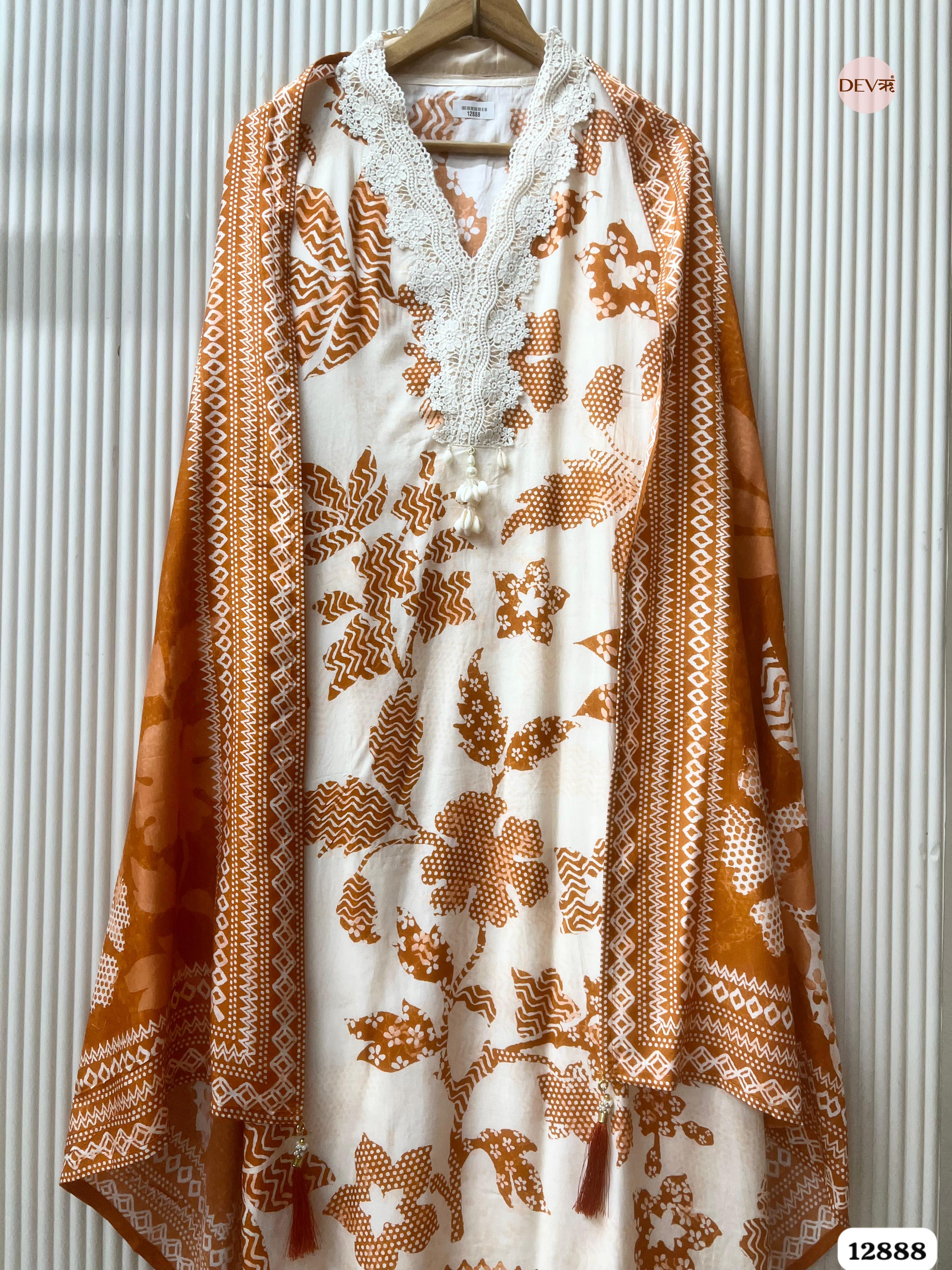 Cream Muslin Printed Unstitched 3-Piece Suit (Devri – D.No 12888)