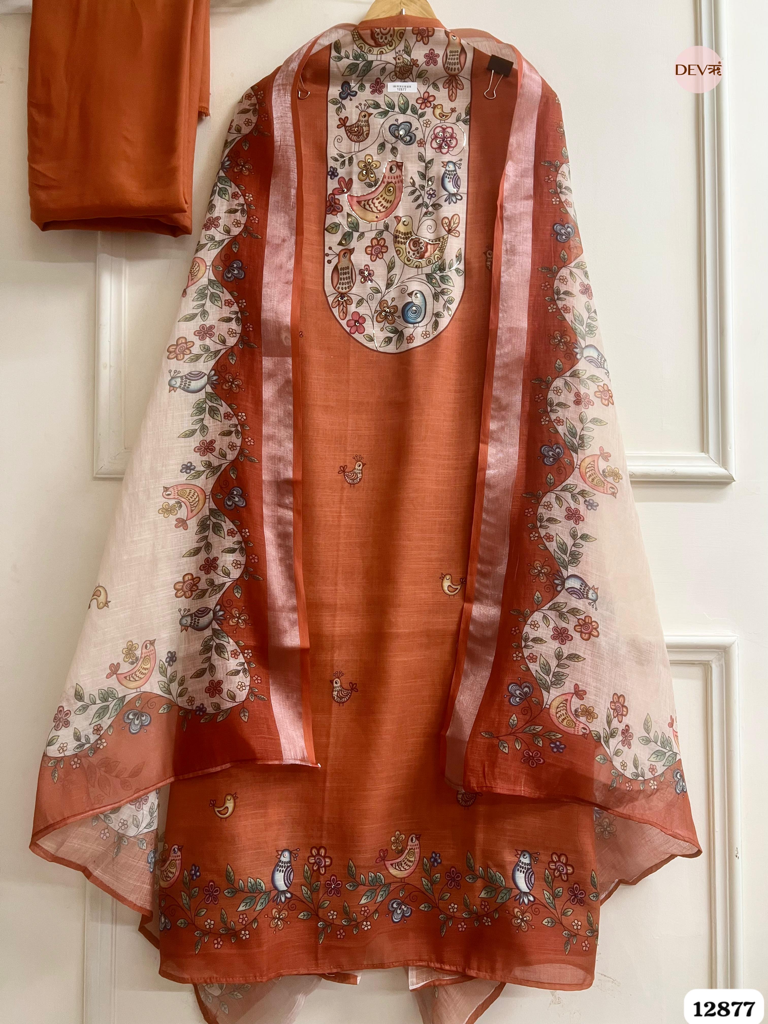 Rust Orange Linen Cotton Printed Unstitched 3-Piece Suit (Devri – D.No 12877)