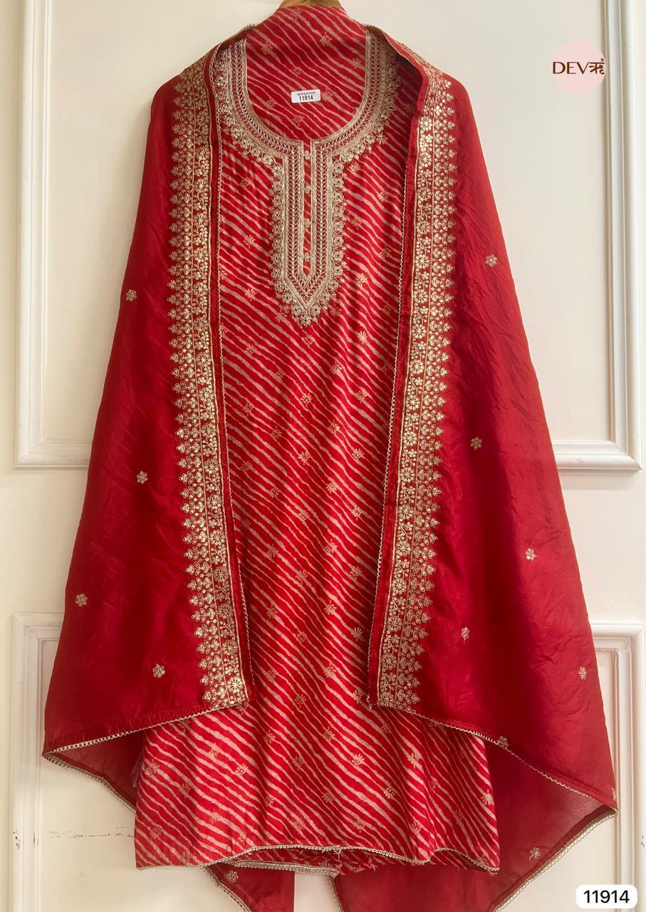 Red Modal Silk Embroidered Bandhej Unstitched 3-Piece Suit (Devri – D.No 11914)