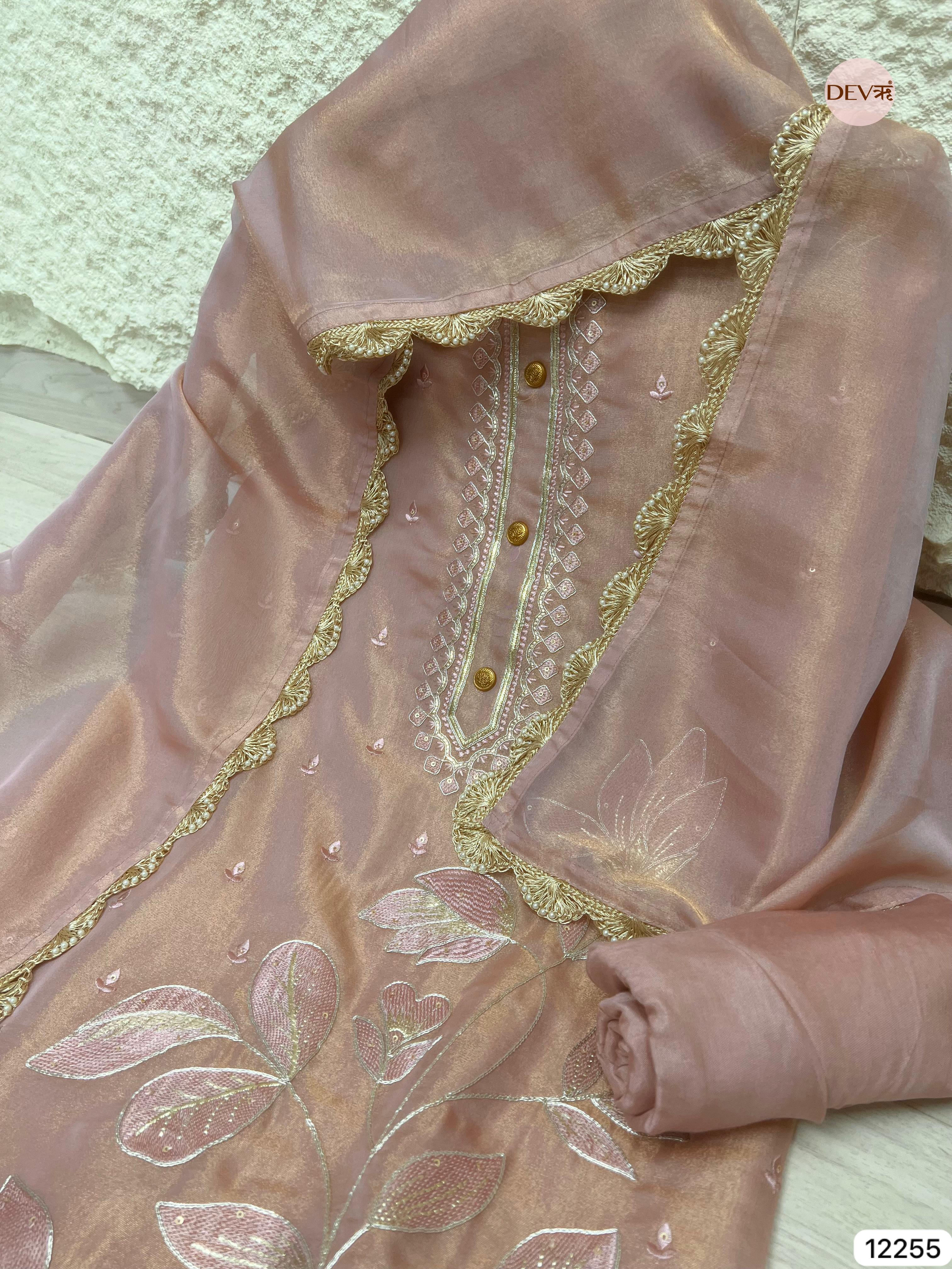 Rose Gold Shimmer Silk Embroidered Unstitched 3-Piece Suit (Devri – D.No 12255)