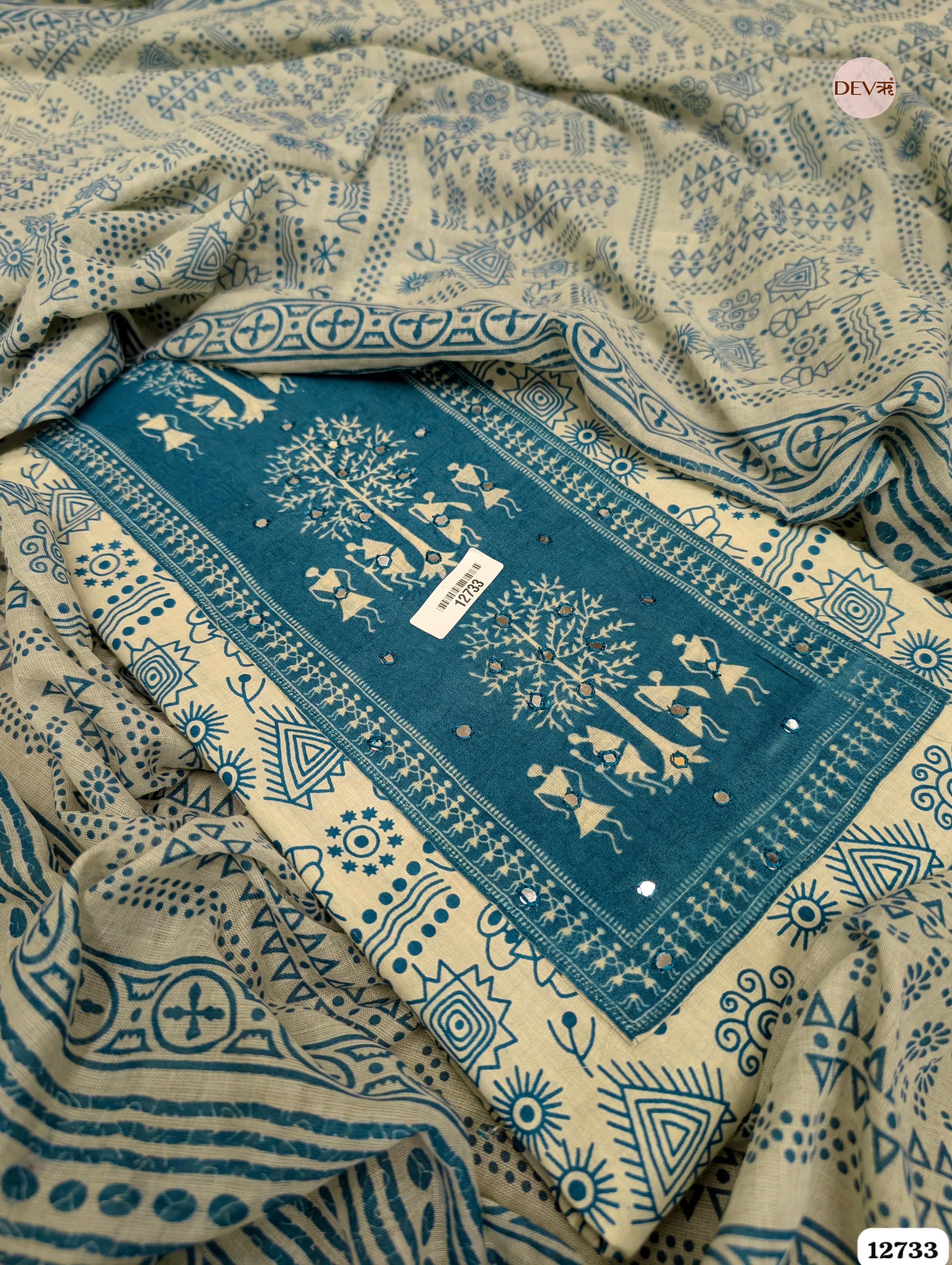 Indigo and Ivory Cotton Printed Unstitched 3-Piece Suit (Devri – D.No 12733)