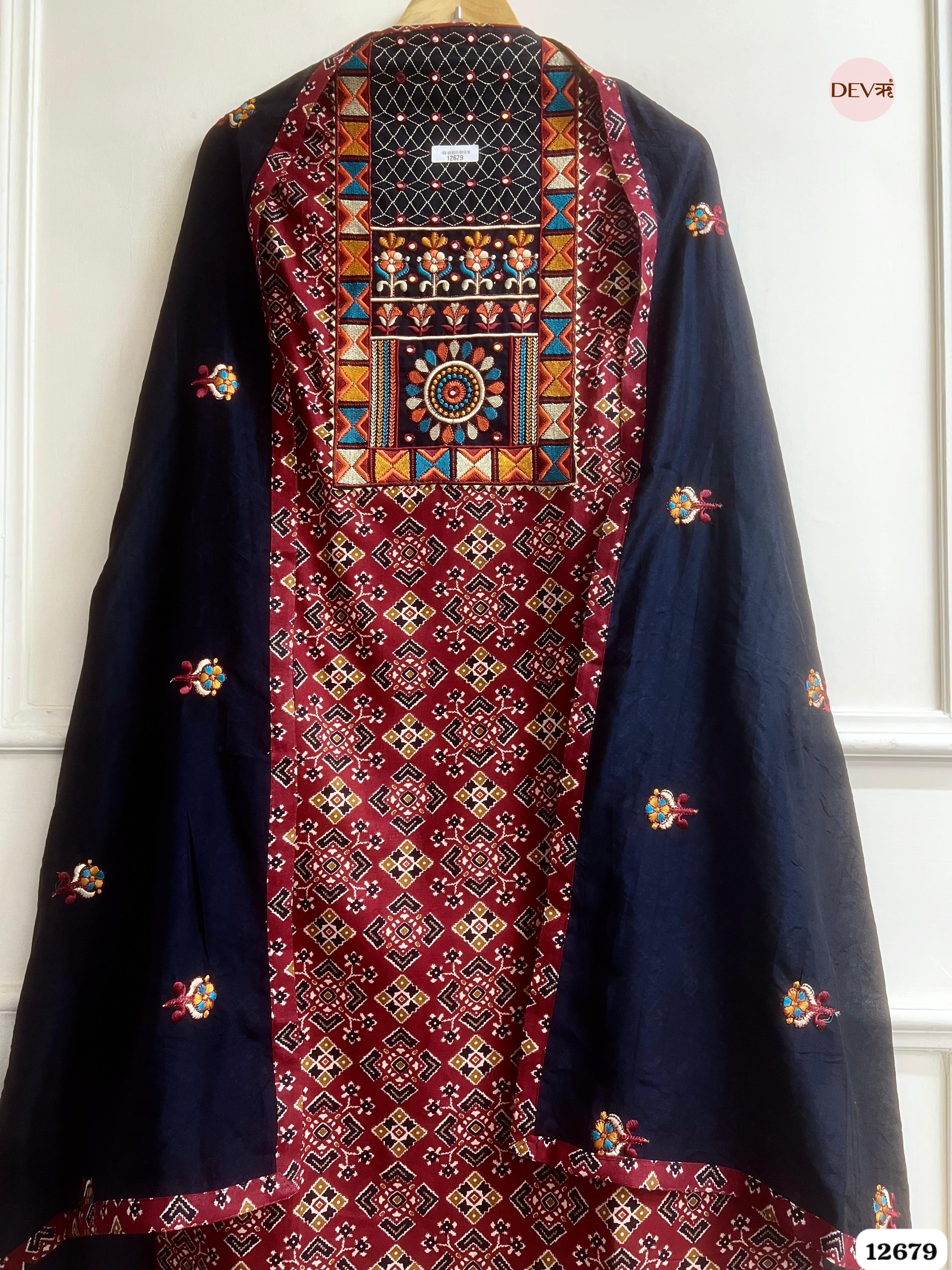 Navy Blue Modal Silk Printed Unstitched 3-Piece Suit (Devri – D.No 12679)