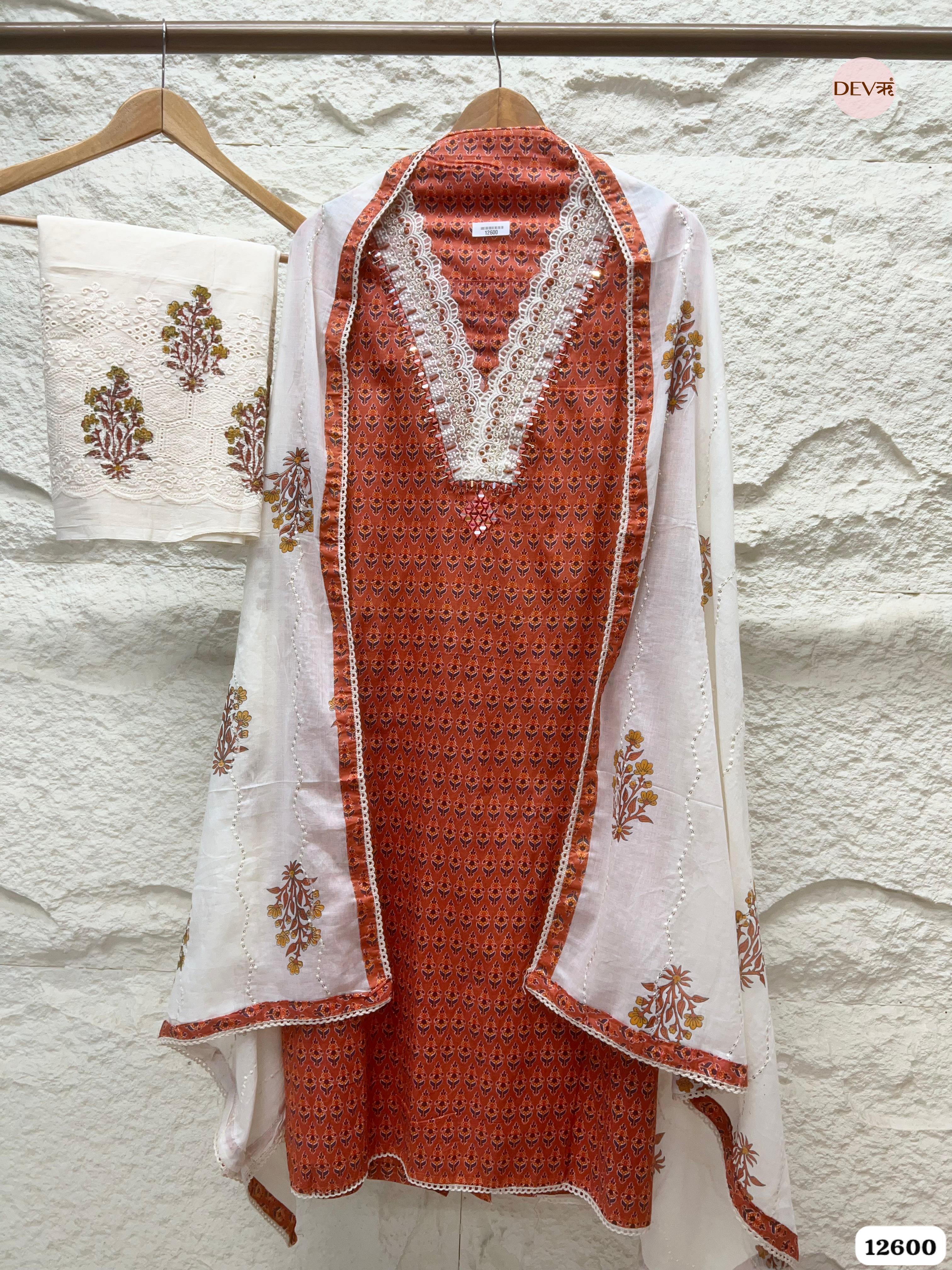 Rust Orange Cotton Printed Unstitched 3-Piece Suit (Devri – D.No 12600)