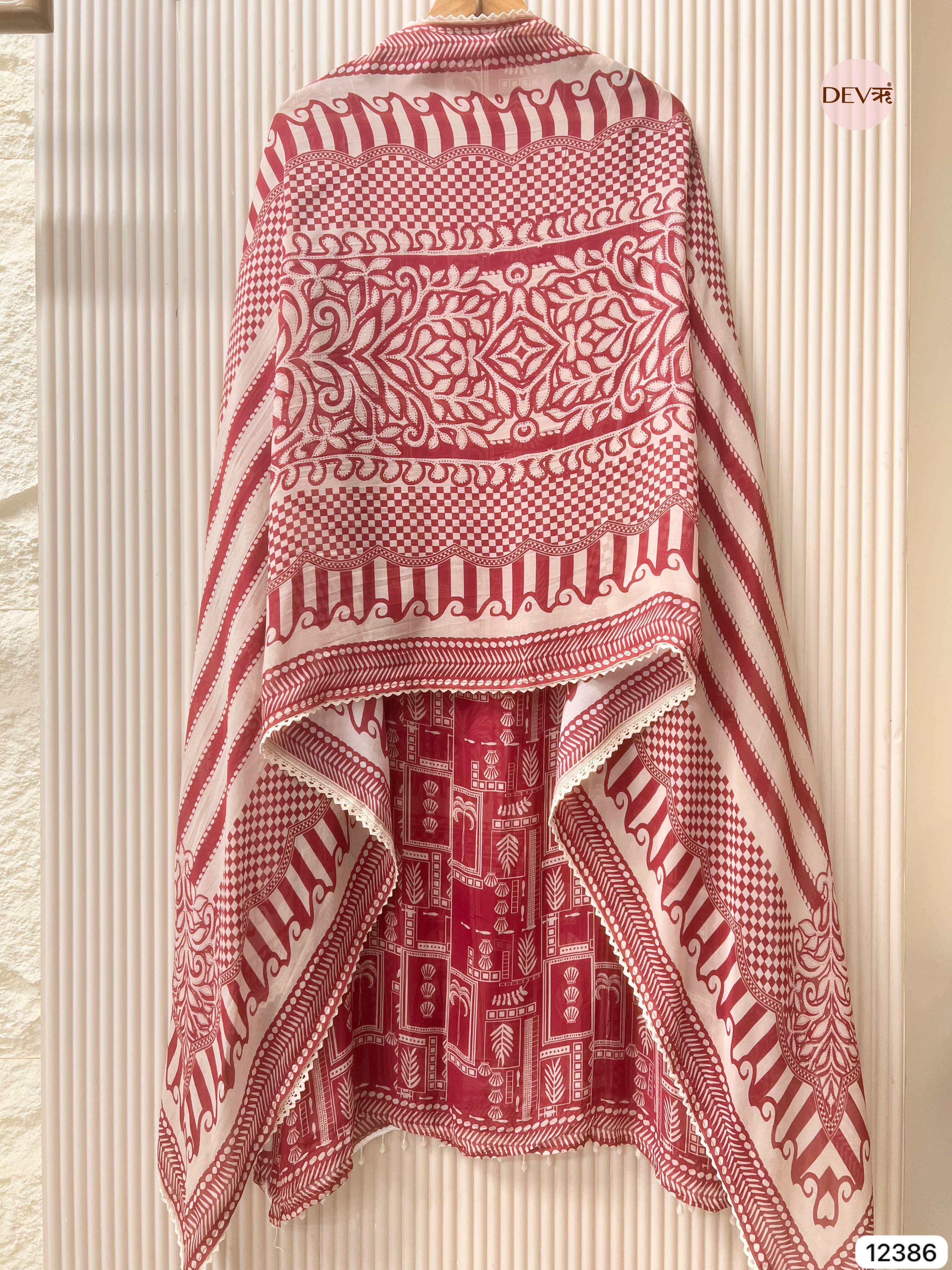 Maroon and White Organza Printed Unstitched 3-Piece Suit (Devri – D.No 12386)