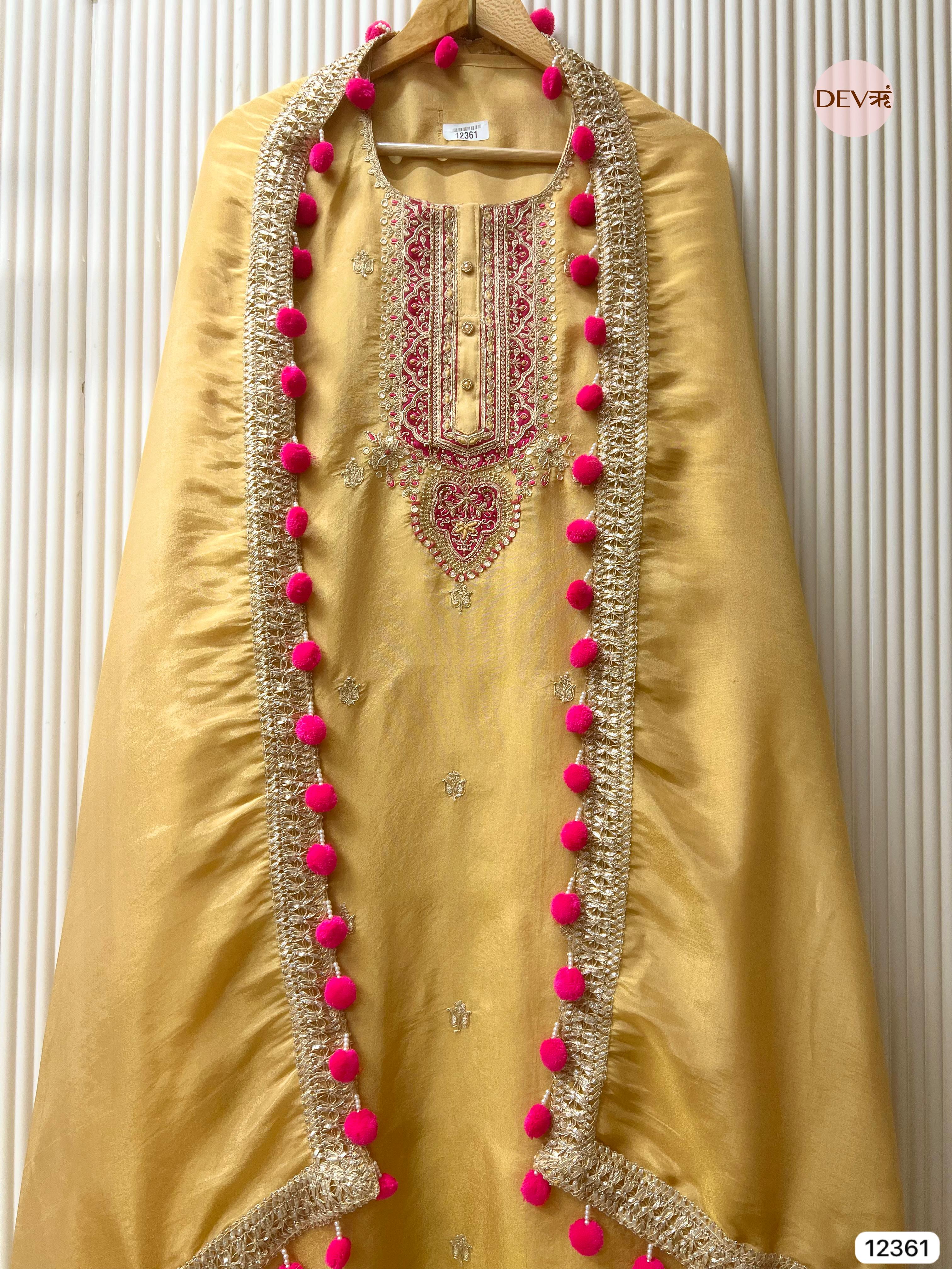 Mustard Shimmer Silk Hand Embroidered Unstitched 3-Piece Suit (Devri – D.No 12361)
